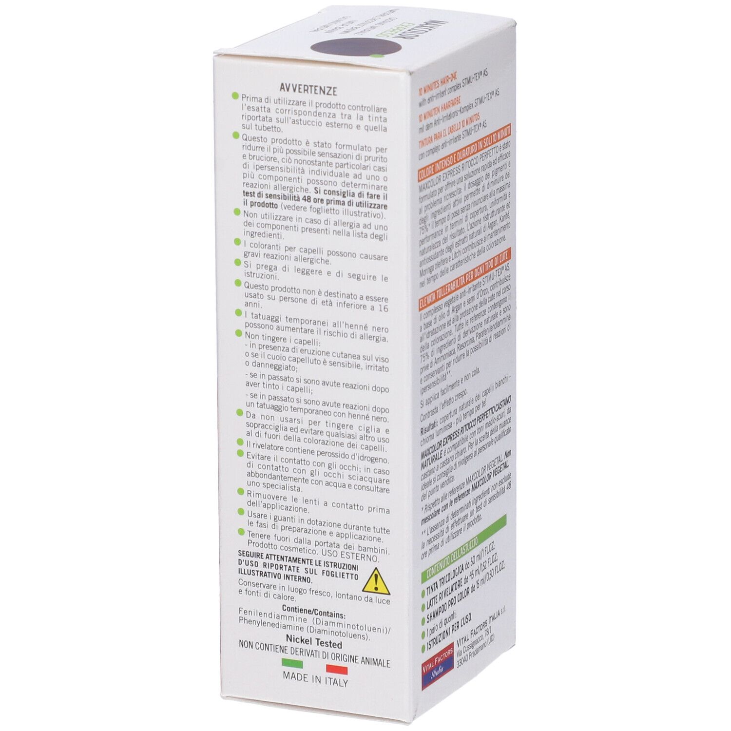 Confezione di Maxcolor Express. Testo: Avvertenze, ingredienti, prodotto in Italia, testato al nichel.
