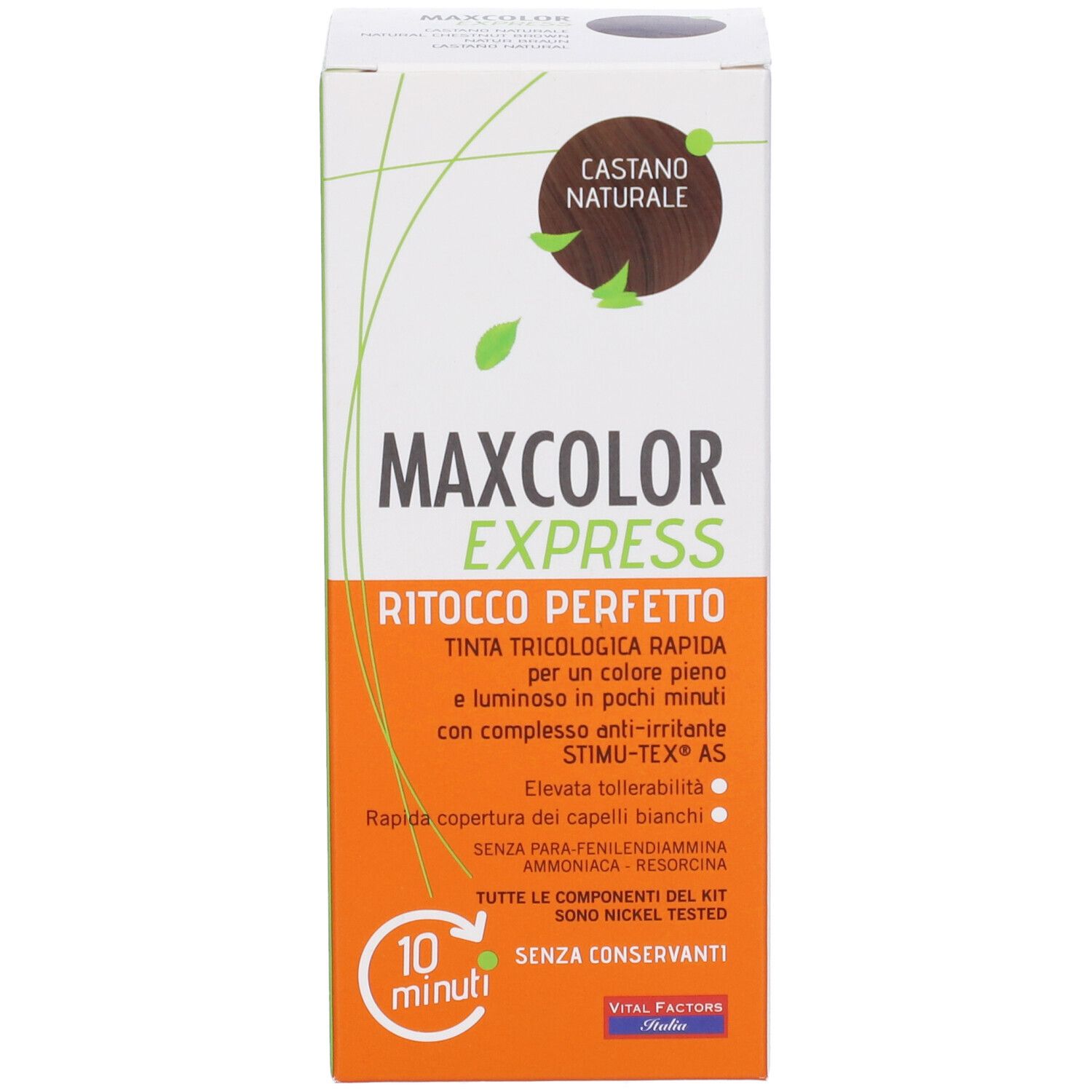 Confezione di Maxcolor Express Castano Naturale. Scritto: RITOCCO PERFETTO, 10 minuti, senza conservanti.