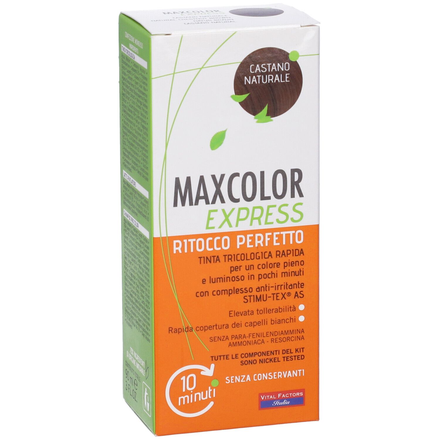 Confezione di Maxcolor Express Castano Naturale. Scritto: RITOCCO PERFETTO, 10 minuti, senza conservanti.