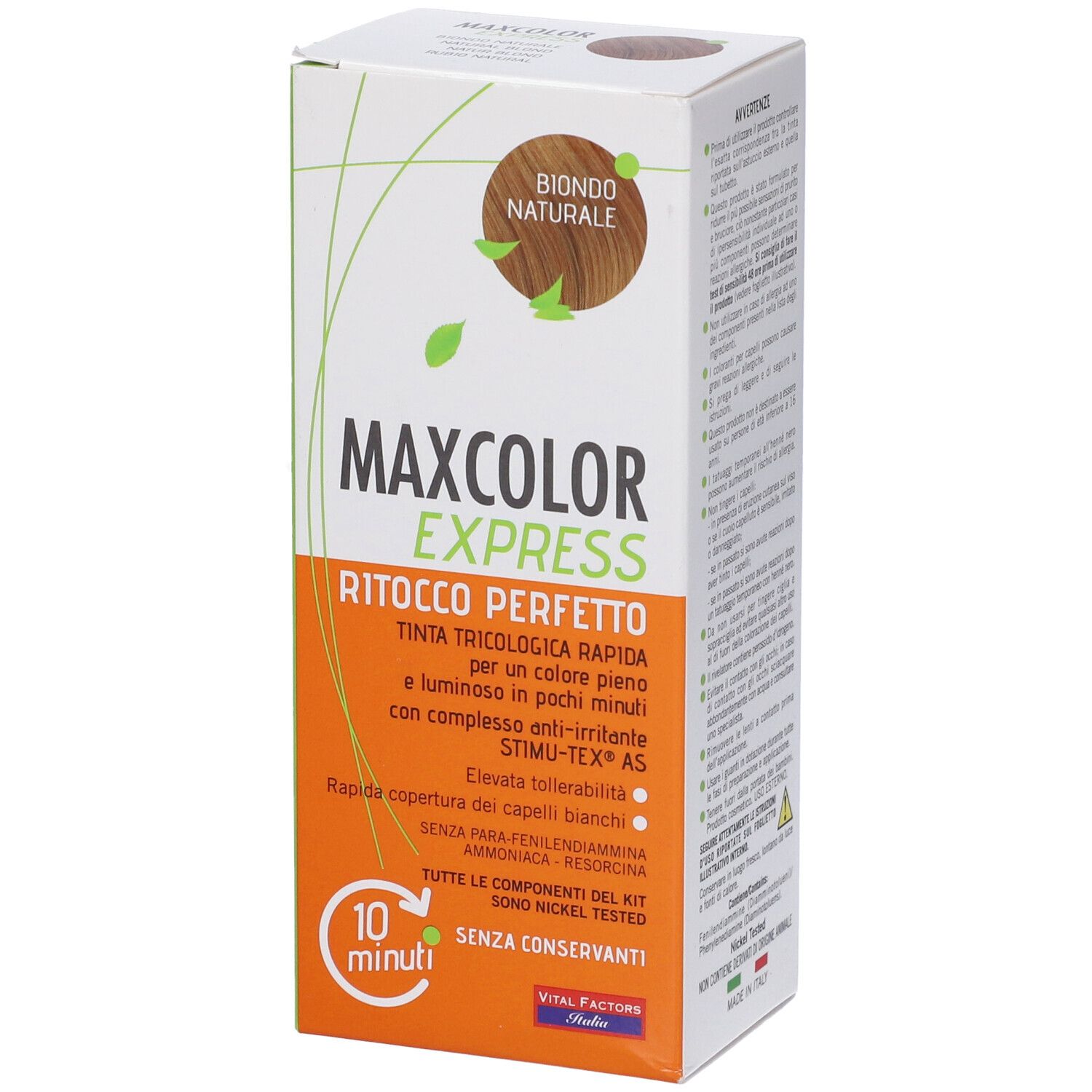 Confezione di Maxcolor Express Biondo Naturale. Scritto: Ritocco Perfetto, 10 minuti, senza conservanti.