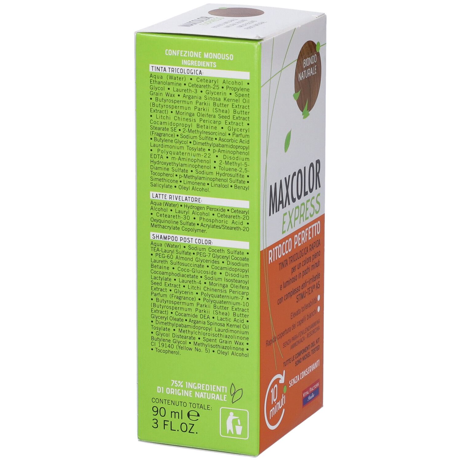 Vista laterale della confezione Maxcolor Express. Contiene ingredienti, 90 ml, 3 fl.oz.