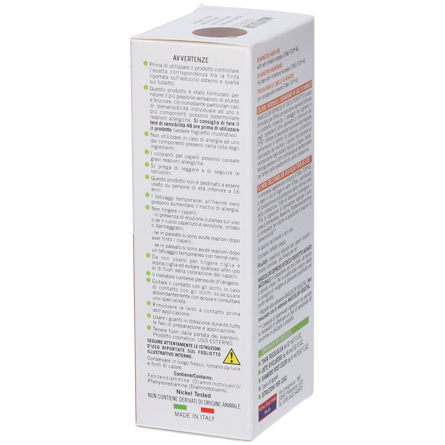 Avvertenze sulla confezione Maxcolor Express. Contiene informazioni su allergie e utilizzo.