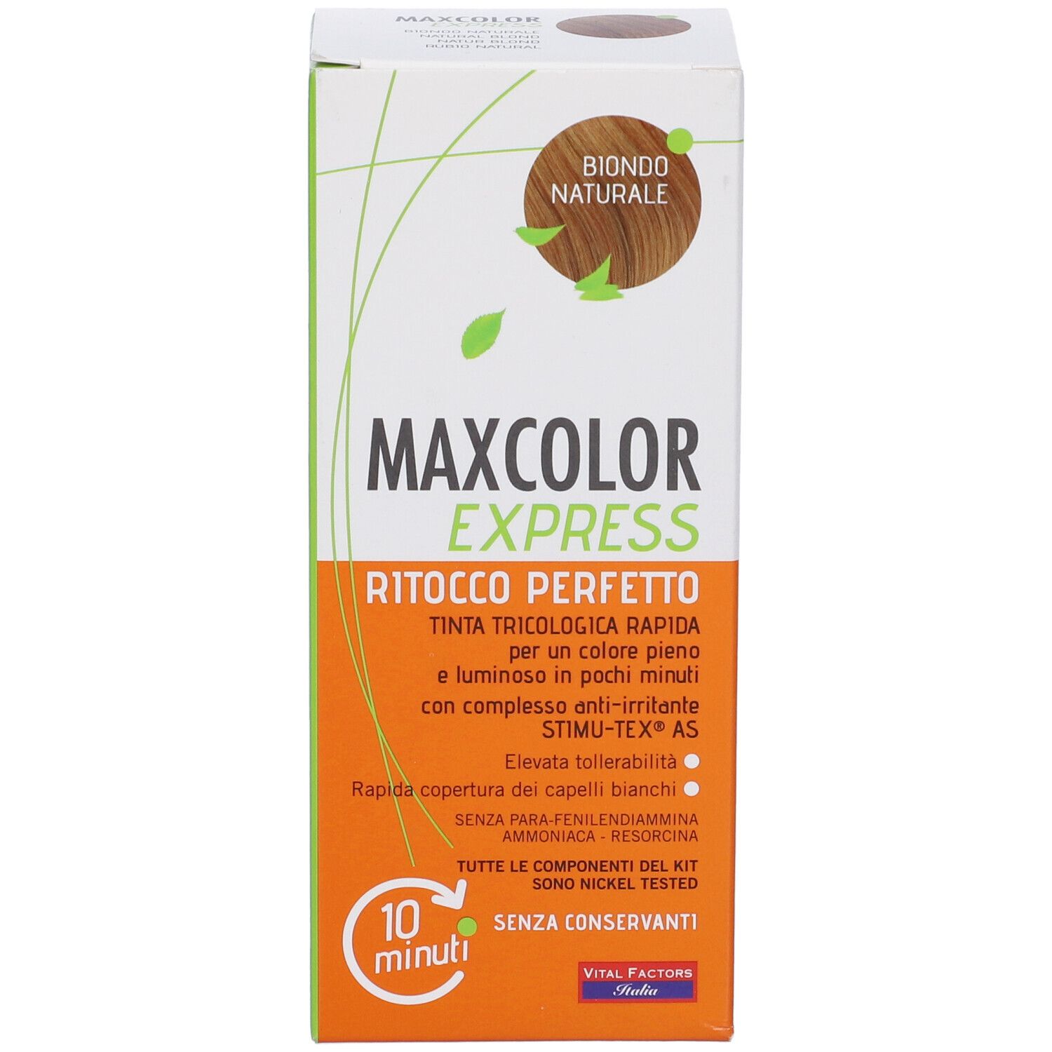 Confezione di Maxcolor Express Biondo Naturale. Scritto: Ritocco Perfetto, 10 minuti, senza conservanti.