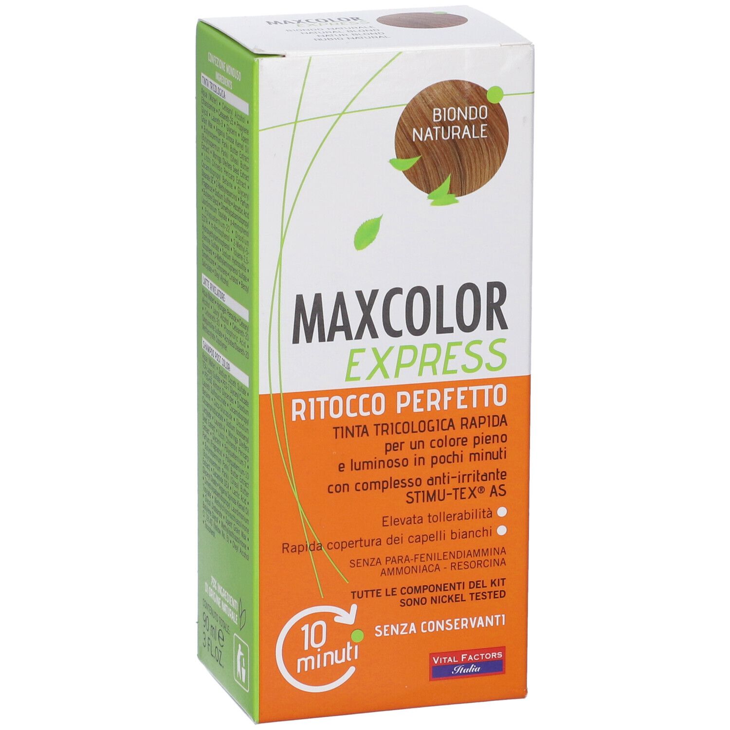 Confezione di Maxcolor Express Biondo Naturale. Scritto: Ritocco Perfetto, 10 minuti, senza conservanti.