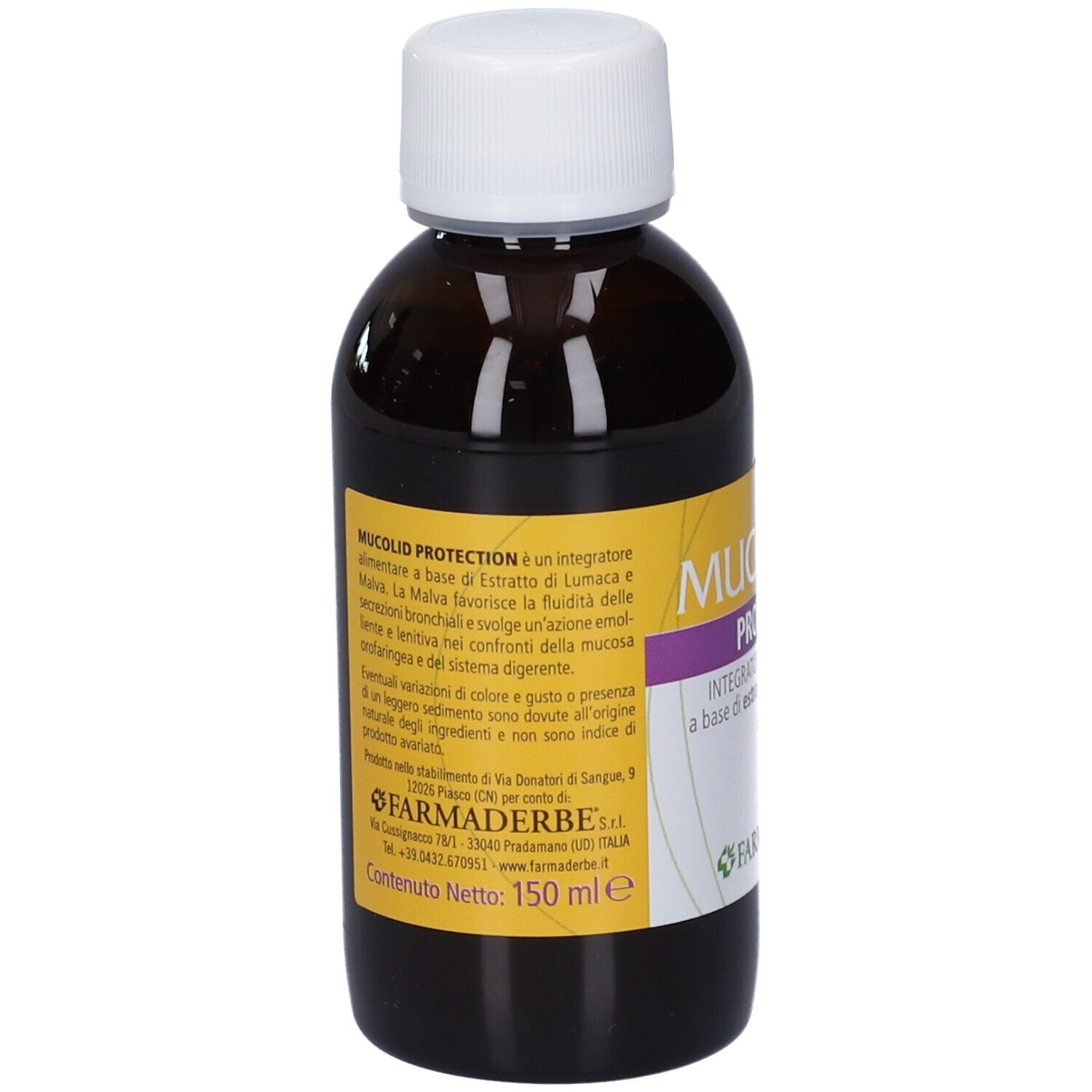 Flacone MUCOLIO PROTECTION di Farmaderbe, 150 ml, integratore alimentare.