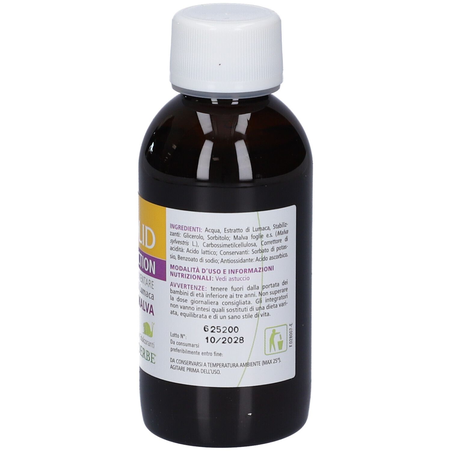 Flacone in vetro ambrato con tappo a vite bianco ed etichetta degli ingredienti.