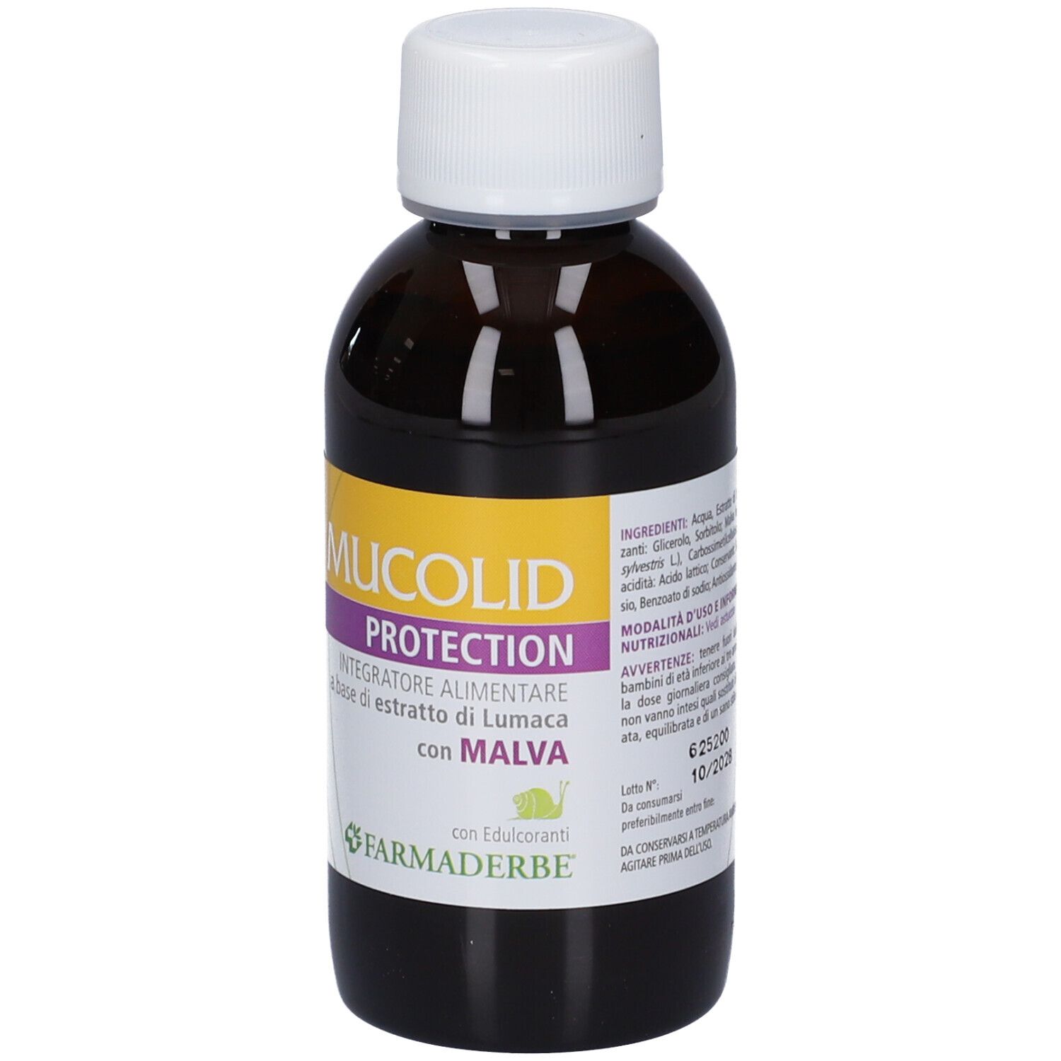 Flacone in vetro marrone da 100ml Mucolid Protection, integratore alimentare con estratto di malva.
