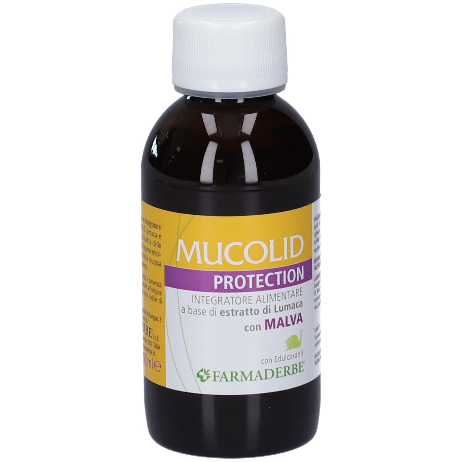 Flacone in vetro marrone con tappo bianco, contiene un liquido scuro, etichetta 'MucoLid Protection'.