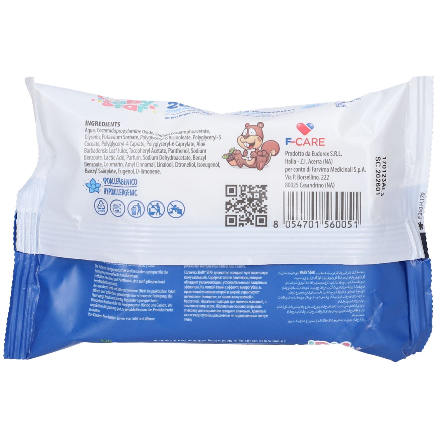 Retro della confezione di salviettine Babystar. Confezione blu e bianca. Testo: Ingredienti, F-CARE, codice QR.