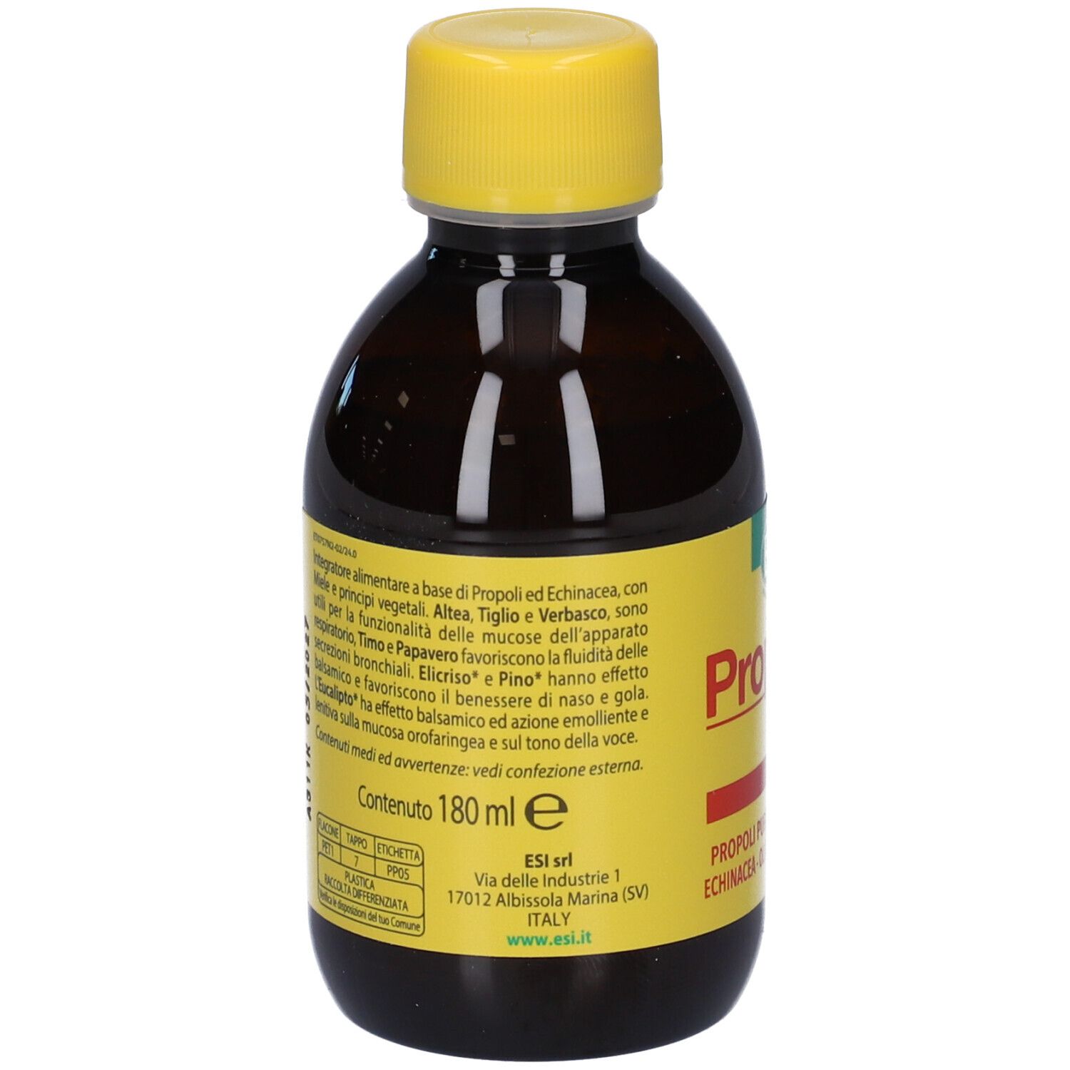 Retro della bottiglia. Etichetta gialla con testo. Scritta: Contenuto 180 ml e.