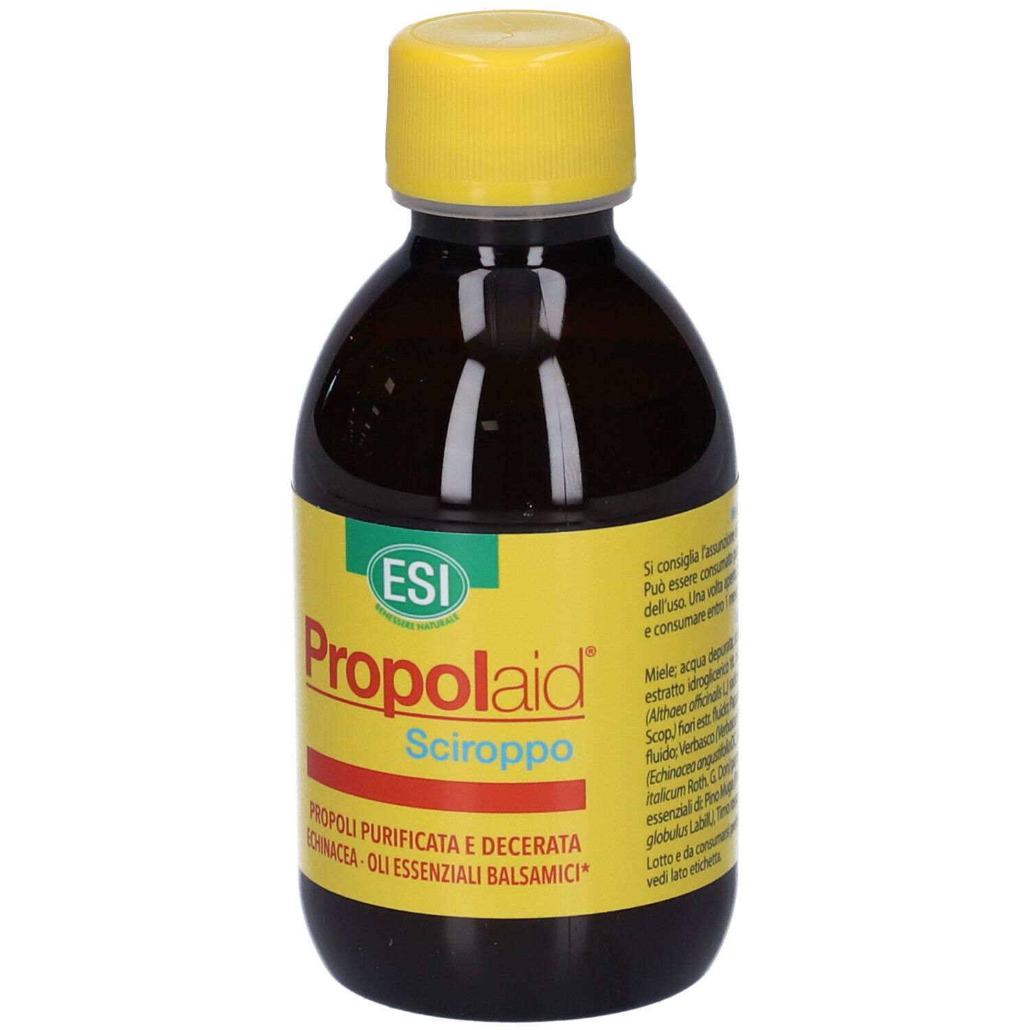 Bottiglia marrone con etichetta gialla e tappo giallo. Scritta: ESI Propolaid Sciroppo.