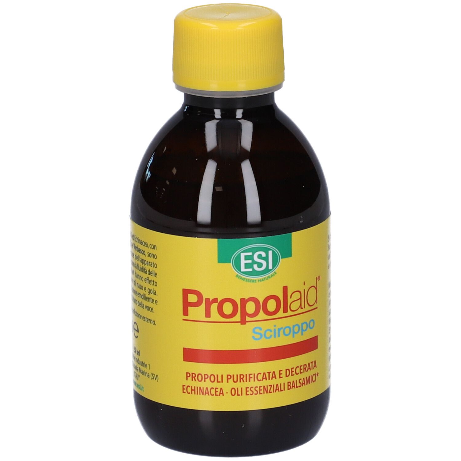 Bottiglia marrone con etichetta gialla e tappo giallo. Scritta: ESI Propolaid Sciroppo.