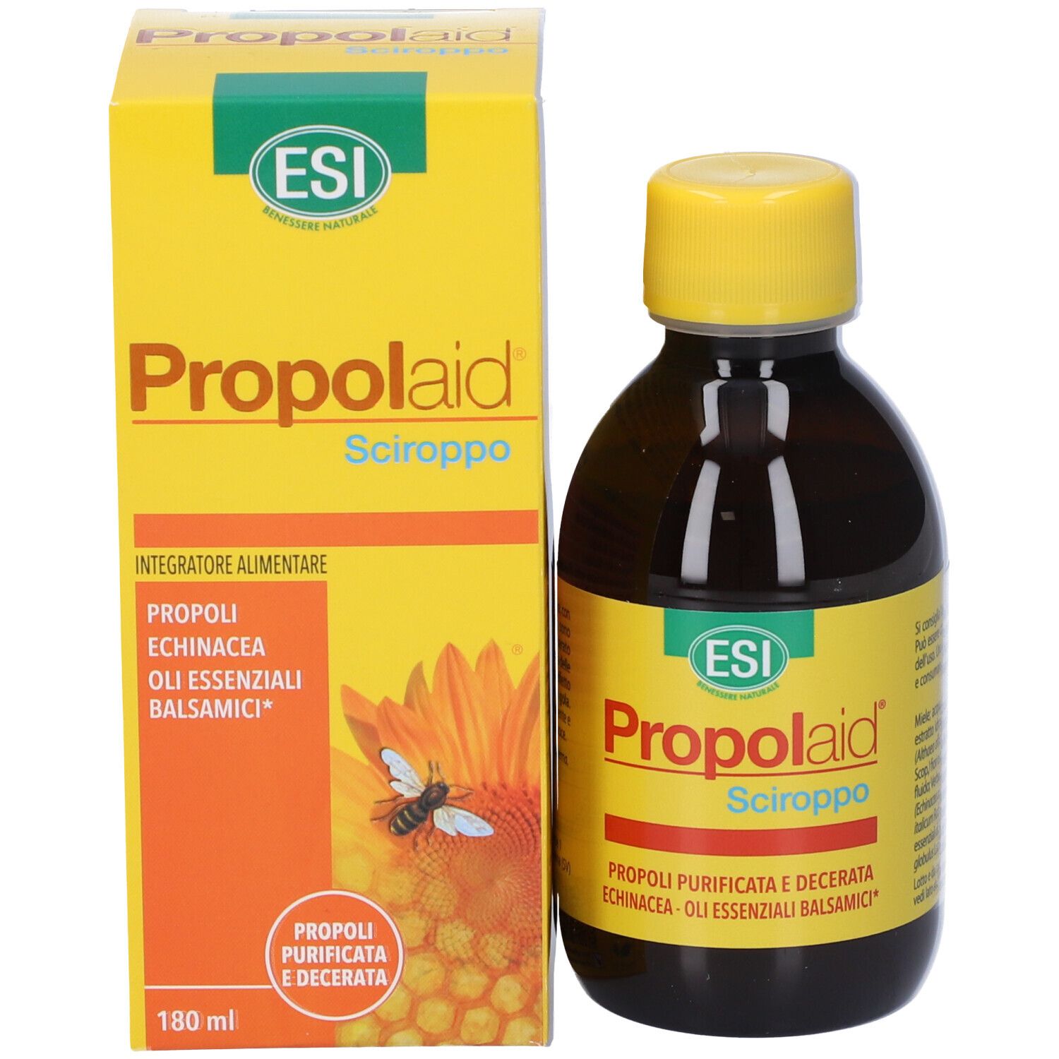 Prodotto e confezione. Bottiglia marrone e scatola gialla. Scritta: ESI Propolaid Sciroppo.