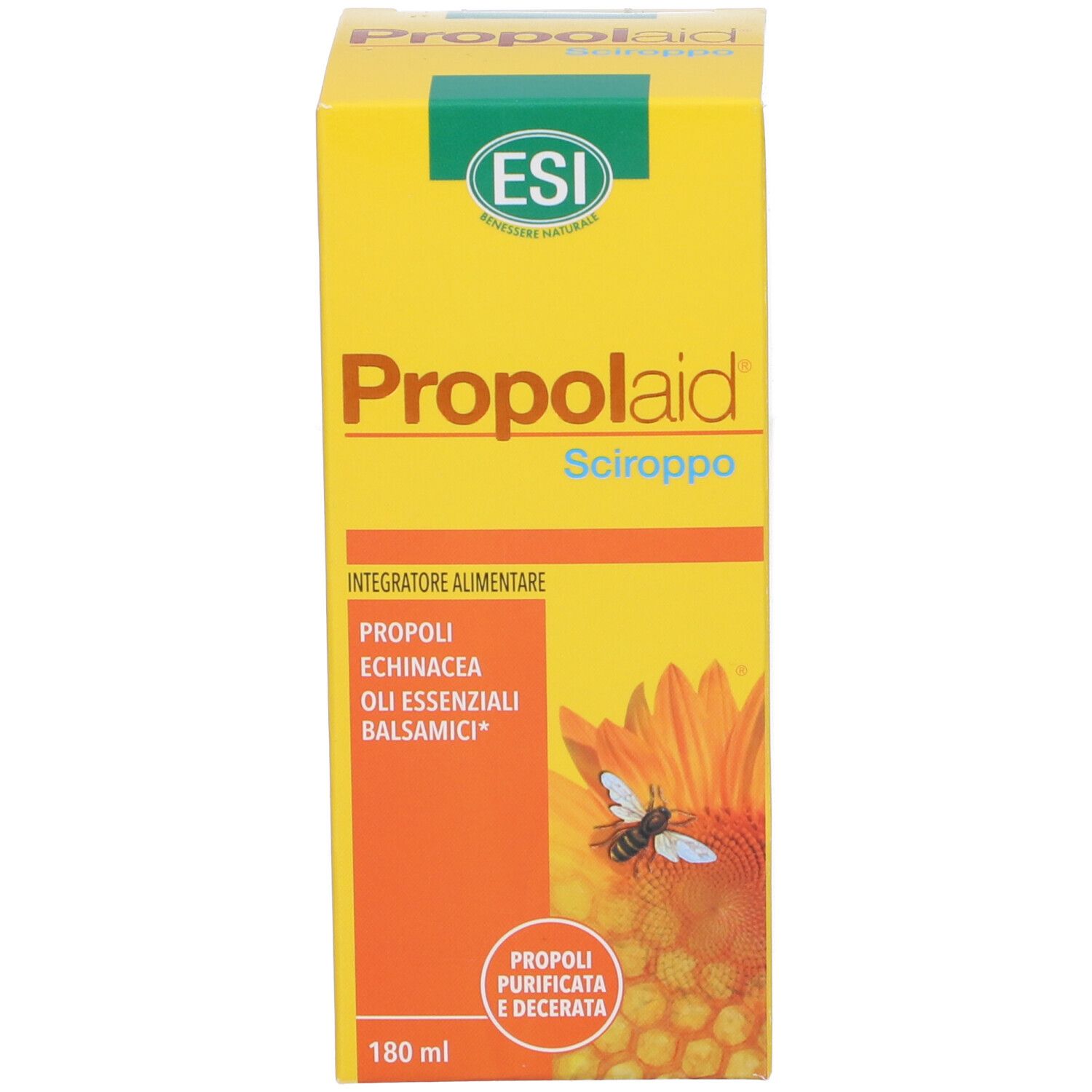 Scatola gialla con nome del prodotto e ingredienti. Scritta: ESI Propolaid Sciroppo.