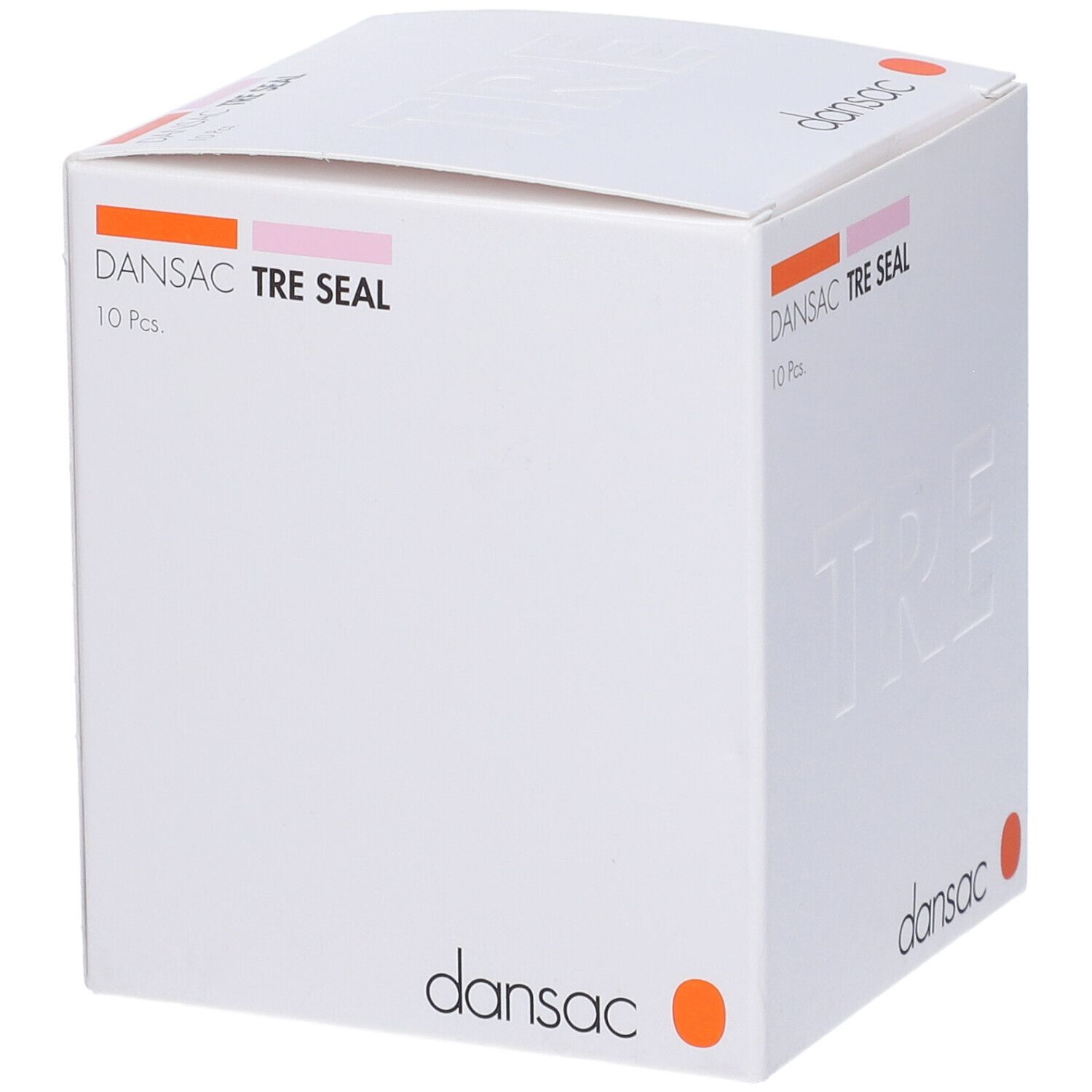 Scatola bianca Dansac "TRE SEAL" con 10 pezzi. Cerchio arancione e "TRE" in rilievo.