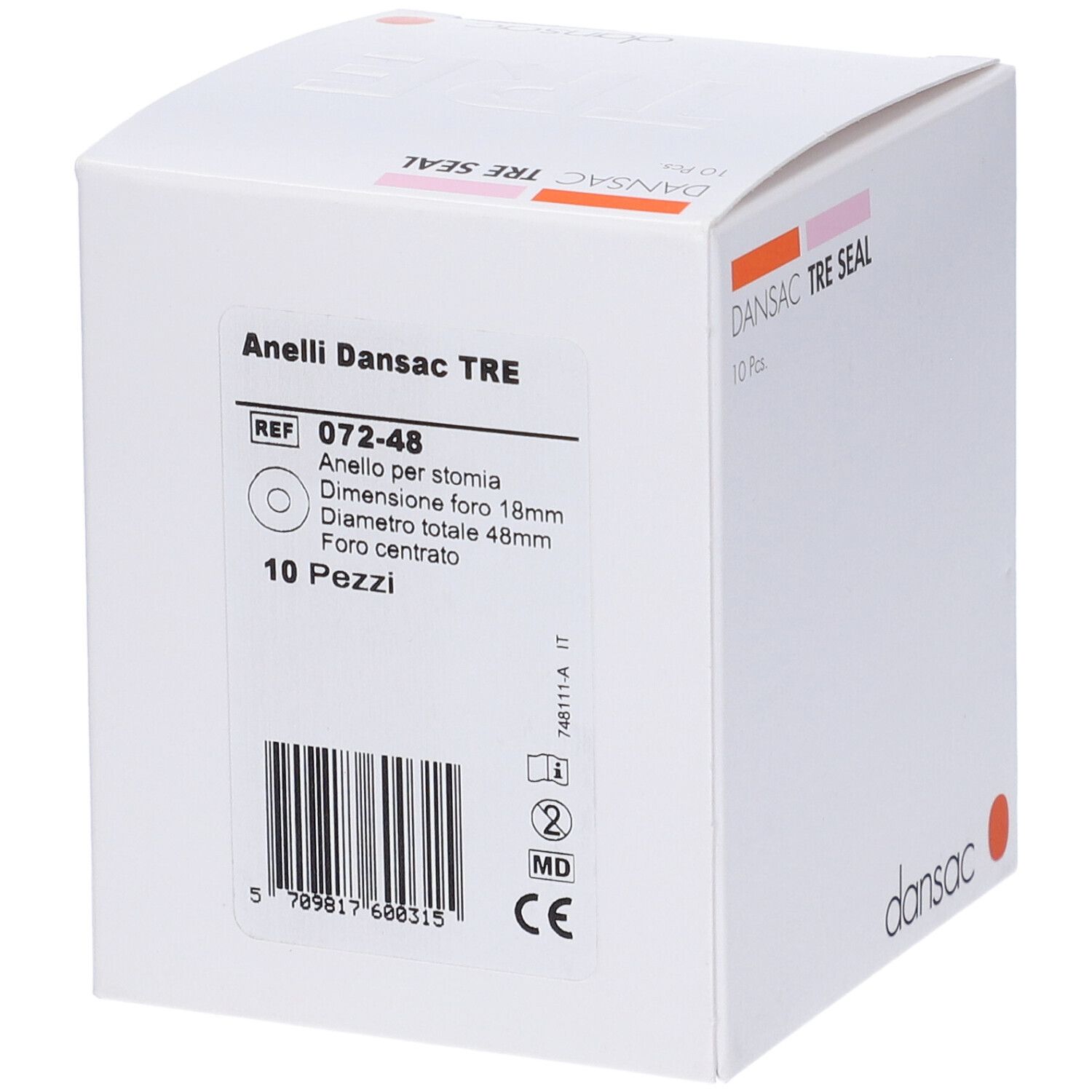 Scatola bianca Dansac "Anelli Dansac TRE". Contiene 10 pezzi. Informazioni prodotto e codice a barre.
