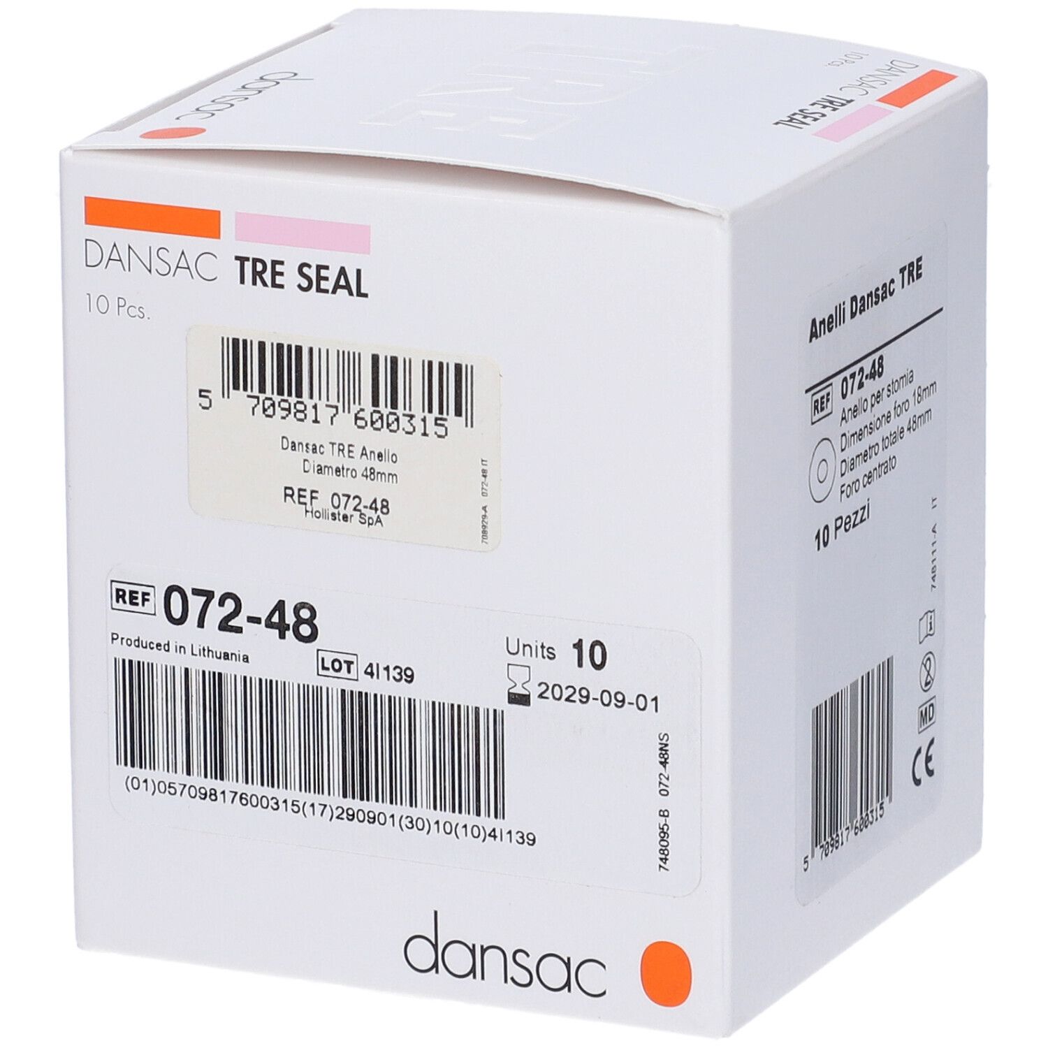 Scatola bianca Dansac "TRE SEAL" con 10 pezzi. Informazioni prodotto, codice a barre e scadenza.