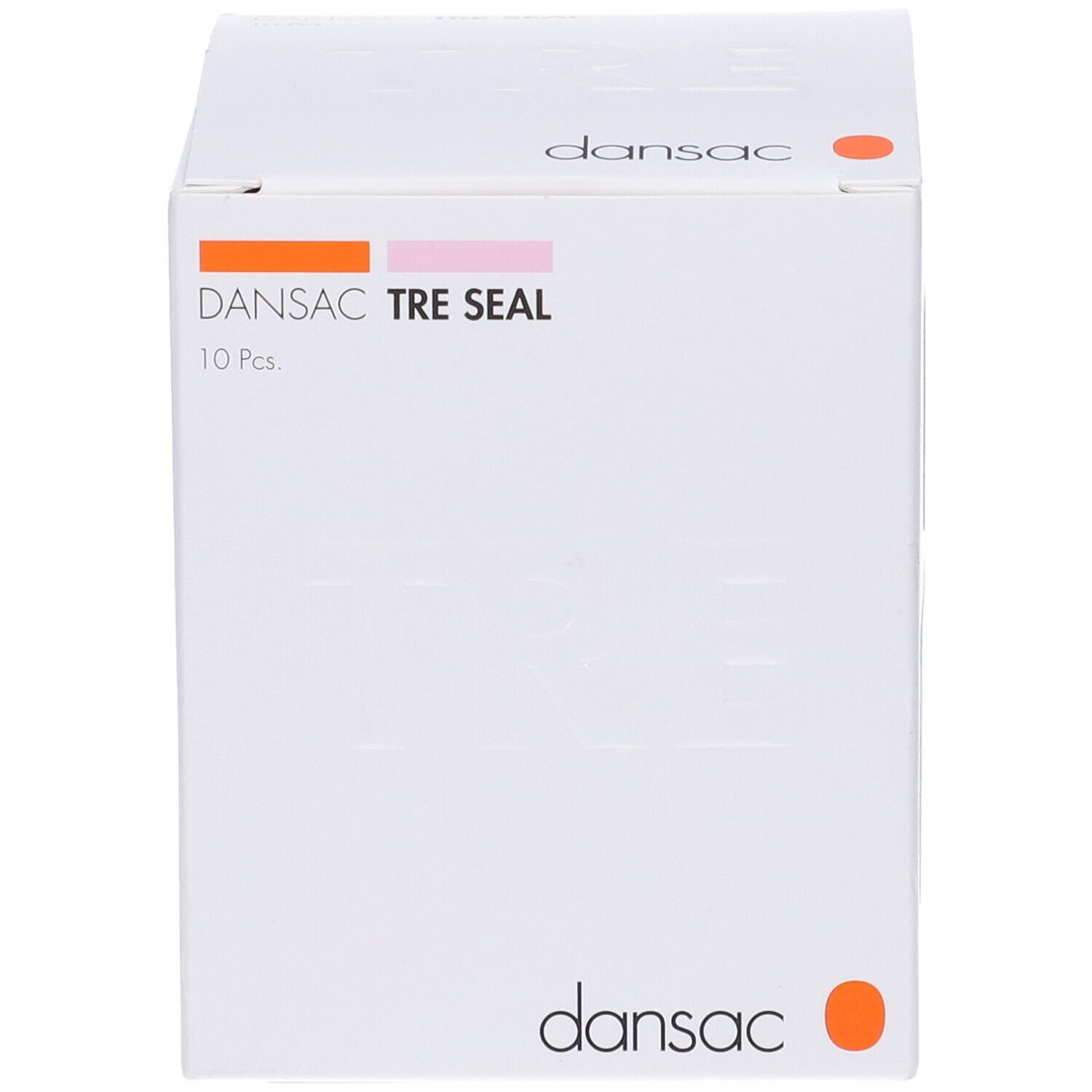 Scatola bianca Dansac "TRE SEAL" con 10 pezzi. Cerchio arancione e logo Dansac.