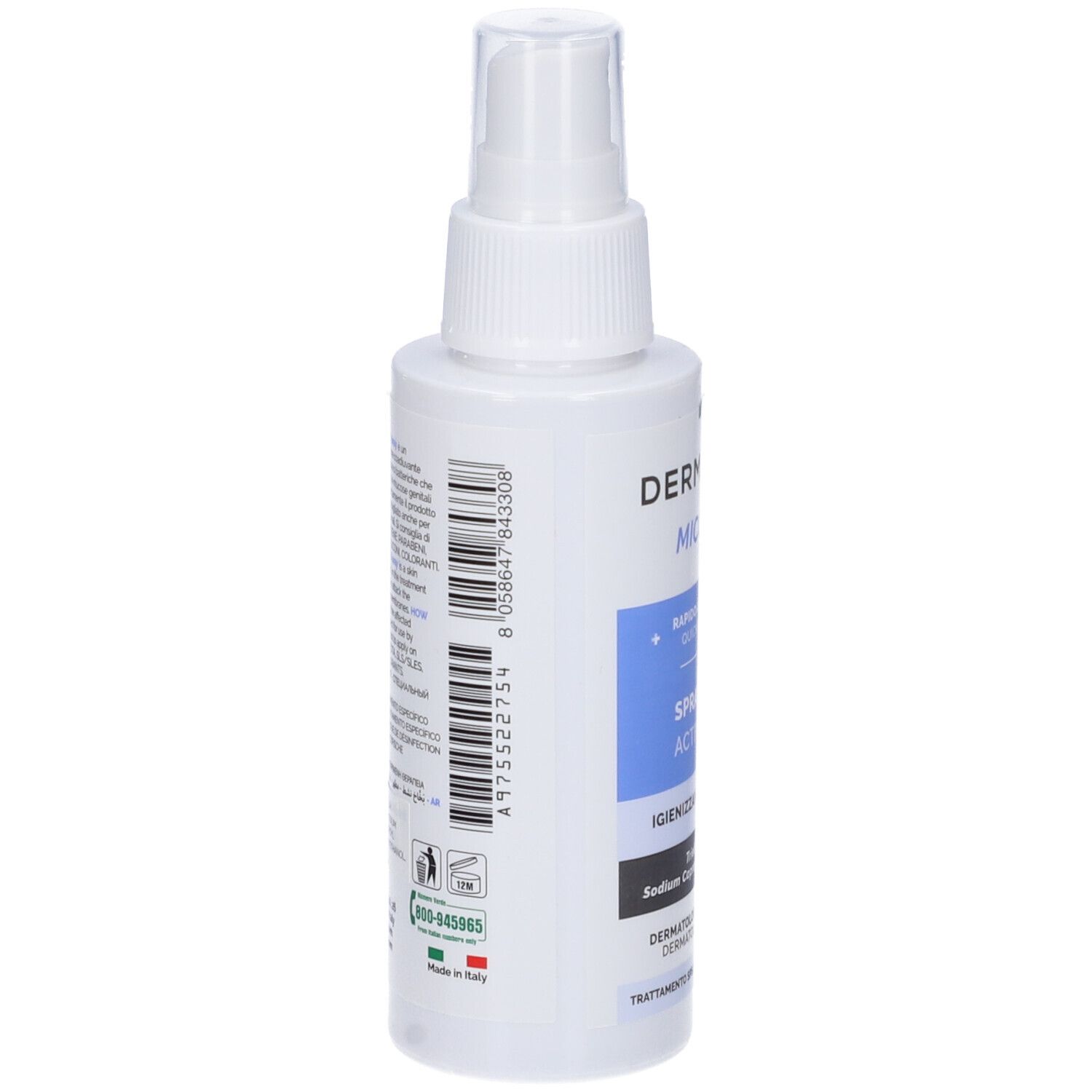 Flacone spray bianco, retro con testo e codice a barre. Testo: DermaRays+ MICOSpray. Bandiera italiana e simbolo di riciclo.