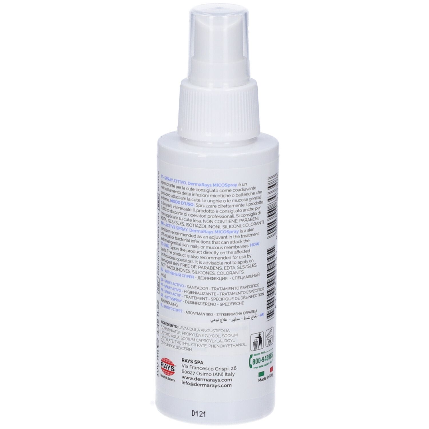 Flacone spray bianco, retro con testo. Testo: DermaRays+ MICOSpray. Bandiera italiana e simbolo di riciclo.