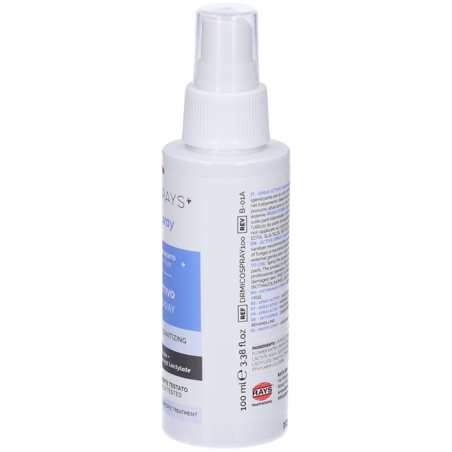 Flacone spray bianco, retro con testo. Testo: DermaRays+ MICOSpray, 100 ml. Bandiera italiana e simbolo di riciclo.
