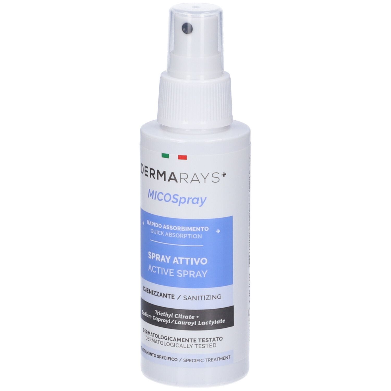 Flacone spray bianco con etichetta blu. Testo: DermaRays+ MICOSpray, Spray Attivo, Active Spray. Bandiera italiana.