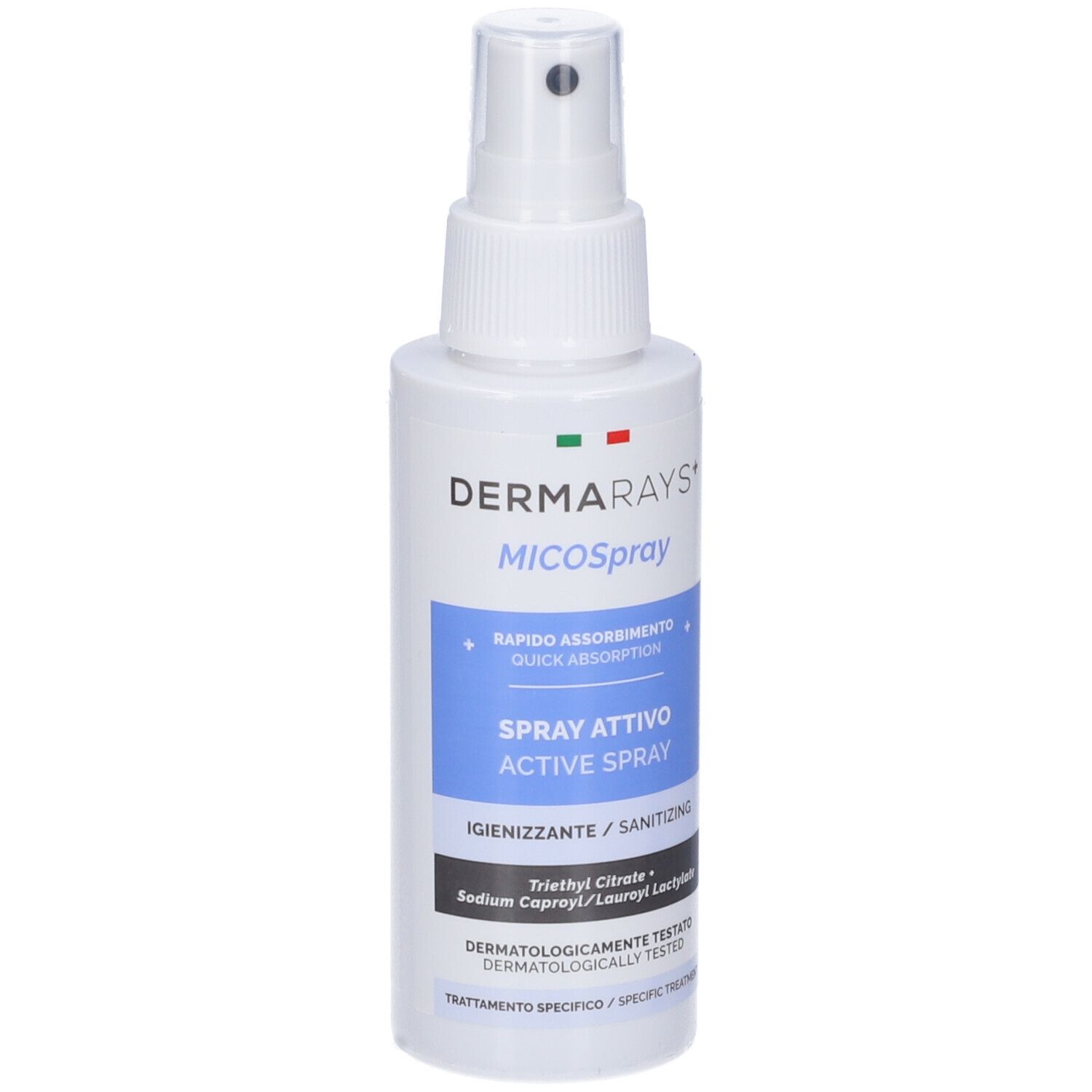 Flacone spray bianco con etichetta blu. Testo: DermaRays+ MICOSpray, Spray Attivo, Active Spray. Bandiera italiana.