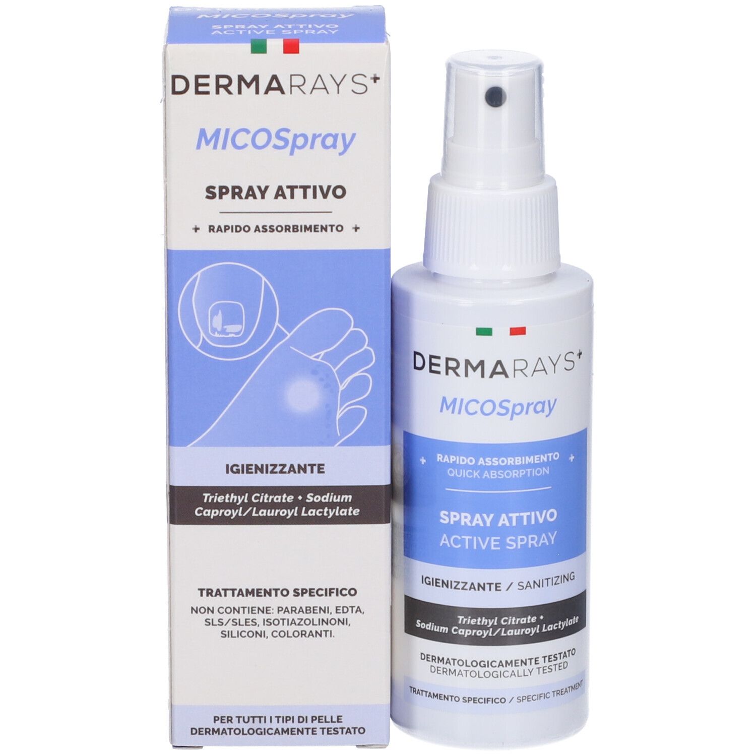 Prodotto e confezione. Flacone spray bianco e scatola. Testo: DermaRays+ MICOSpray, Spray Attivo. Con illustrazione del piede.