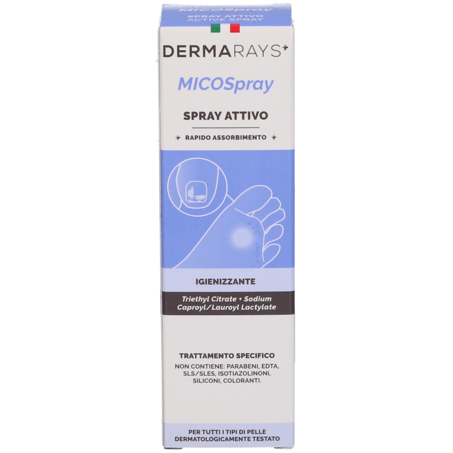 Confezione in cartone. Testo: DermaRays+ MICOSpray, Spray Attivo. Con illustrazione del piede. Sfondo blu.
