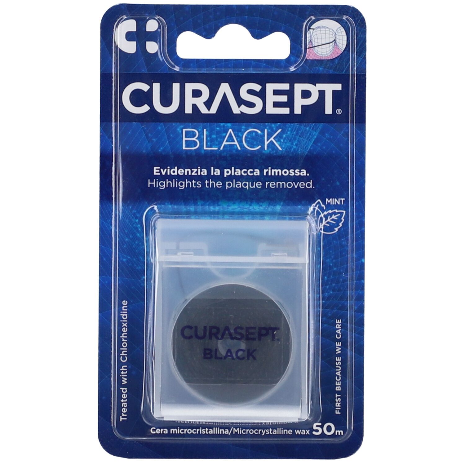 Filo interdentale nero in confezione blister. Contenitore trasparente. Logo CURASEPT BLACK visibile.