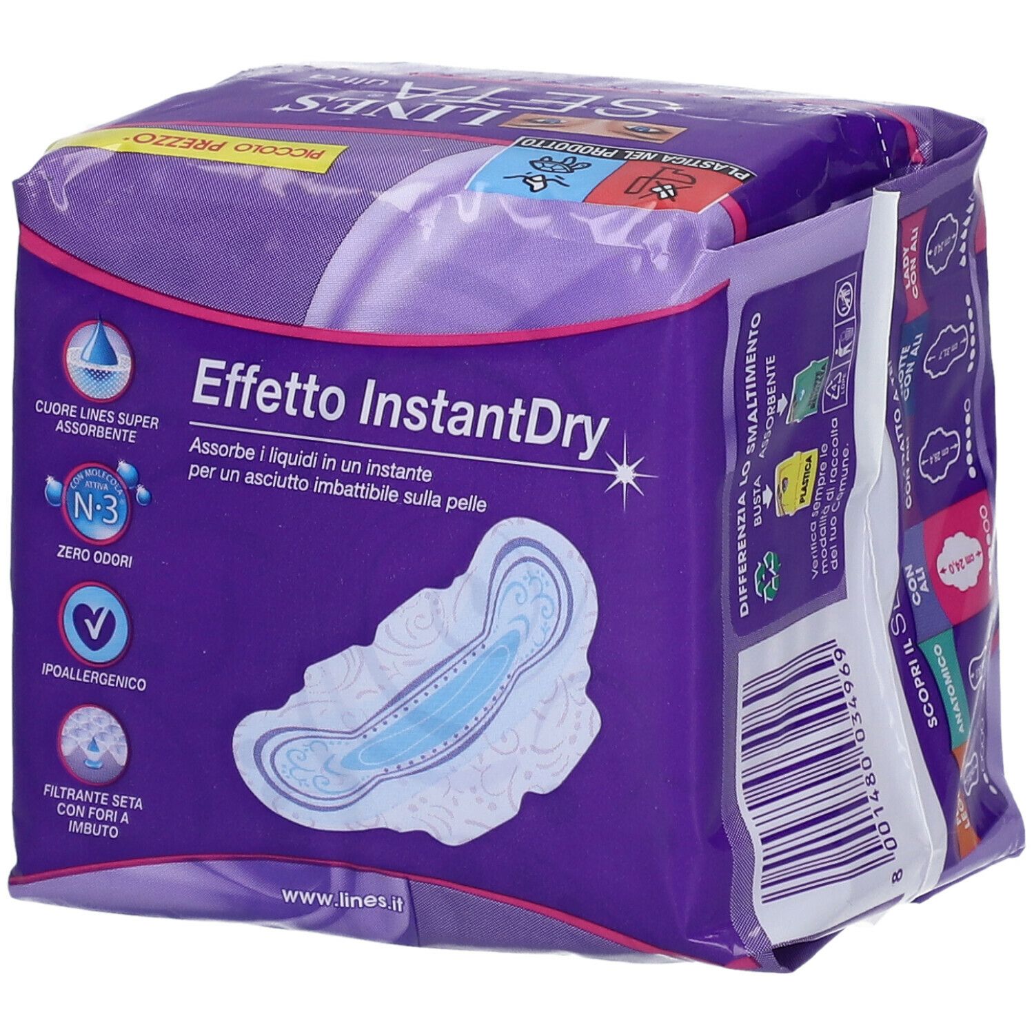 Confezione di LINES Seta Ultra. Confezione viola con immagine del prodotto. Testo: Effetto InstantDry, Zero Odori, Ipoallergenico.