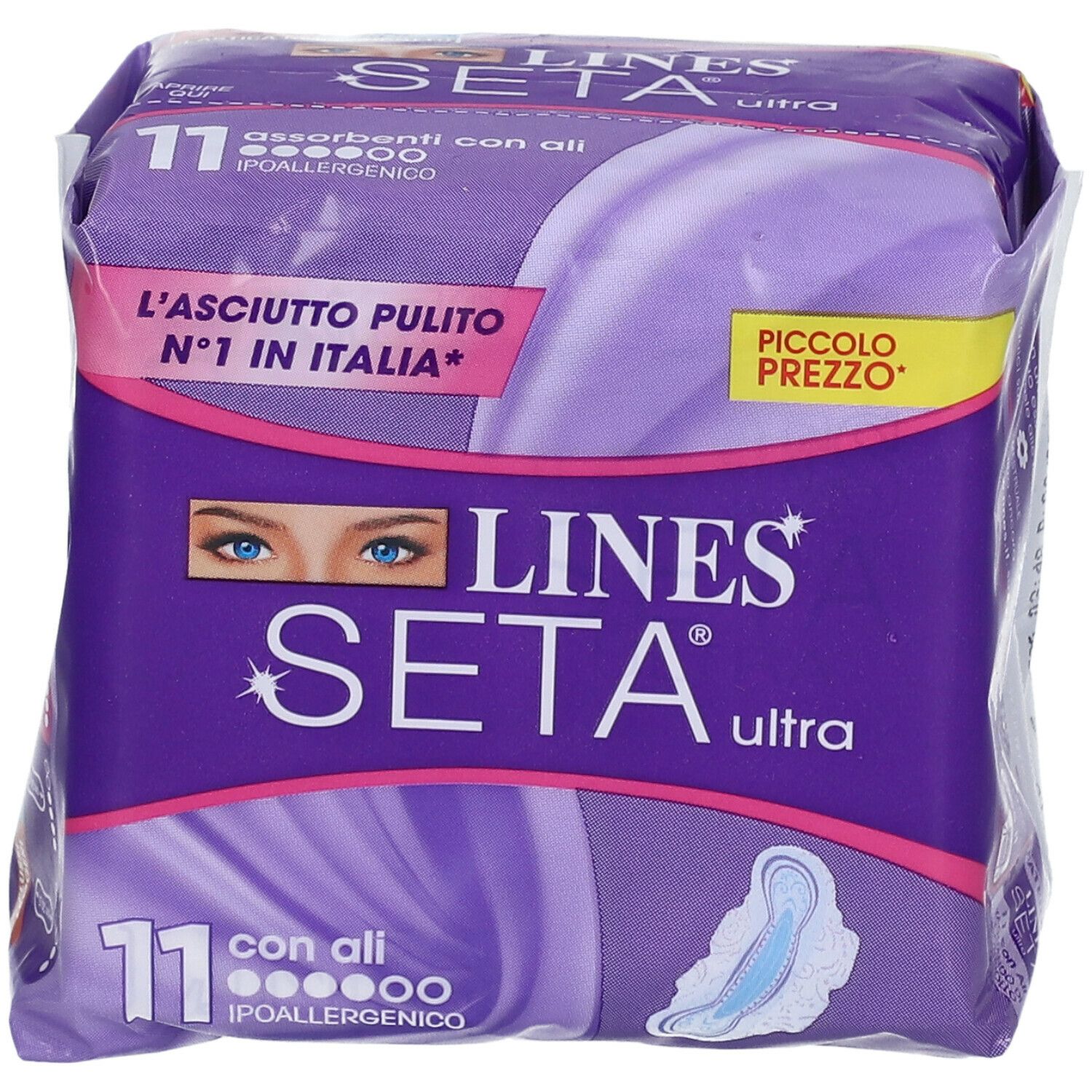 Confezione di LINES Seta Ultra. Confezione viola con immagine e testo del prodotto. 11 pezzi con ali, ipoallergenico.