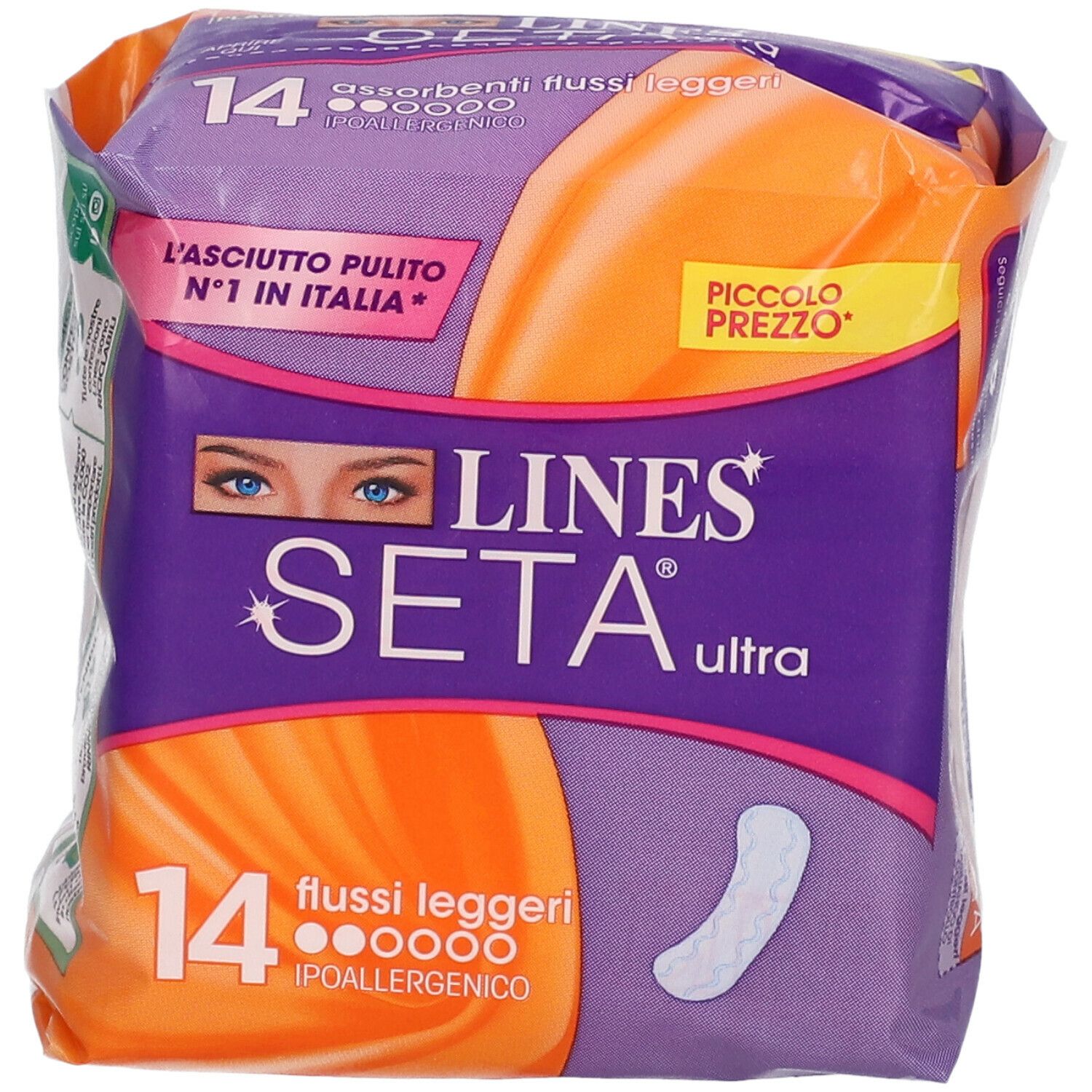 Confezione da 14 assorbenti LINES Seta Ultra. Confezione viola e arancione con immagine del prodotto.