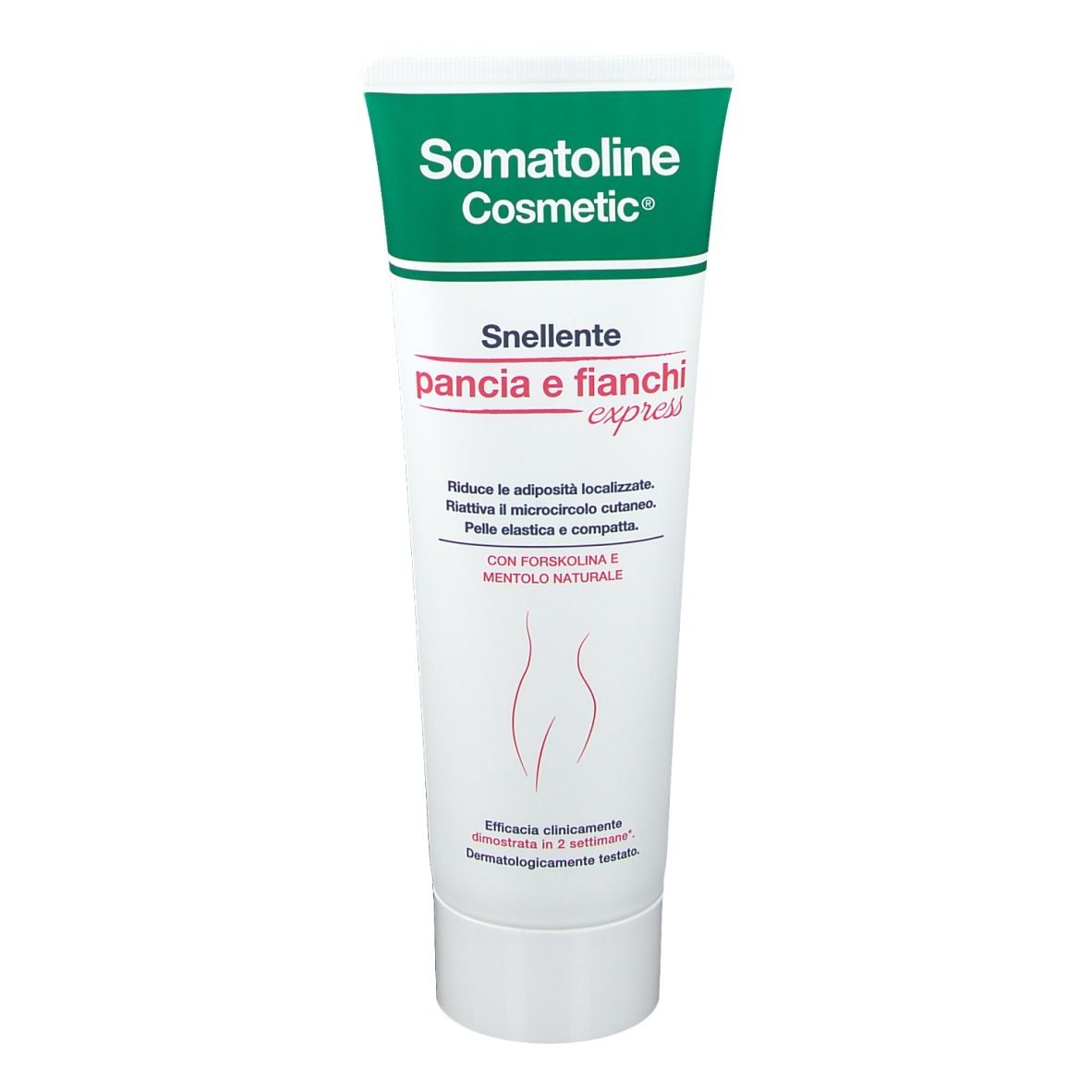 Tubo di crema con tappo verde. Scritta: Somatoline Cosmetic, Snelente pancia e fianchi express.