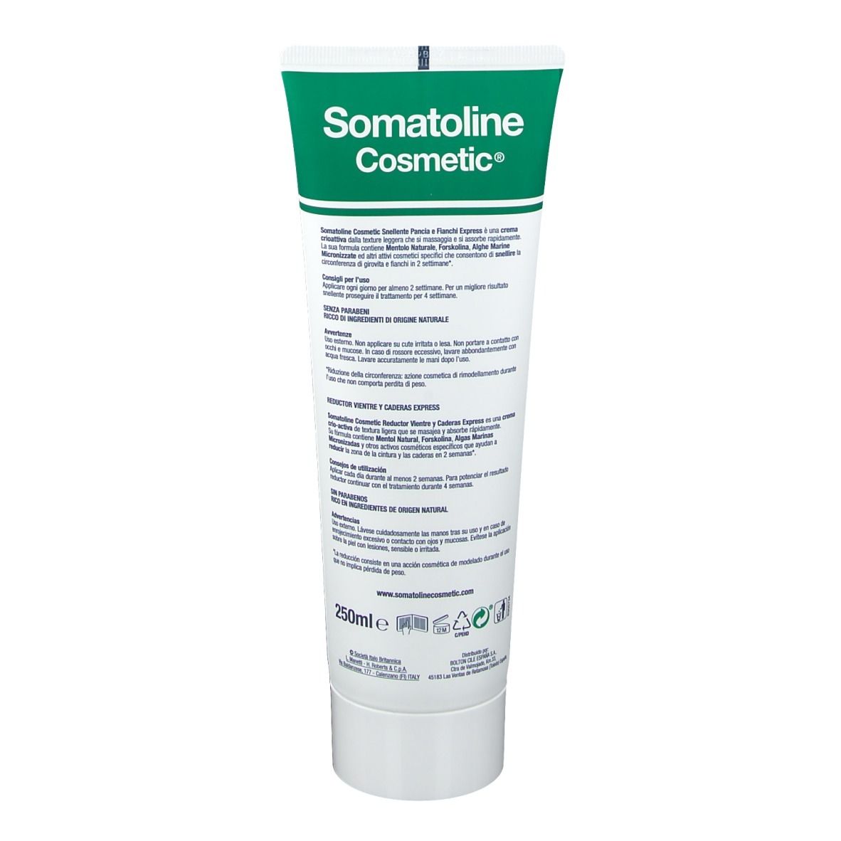 Retro del tubo di crema. Testo in italiano. Scritta: Somatoline Cosmetic, 250ml.