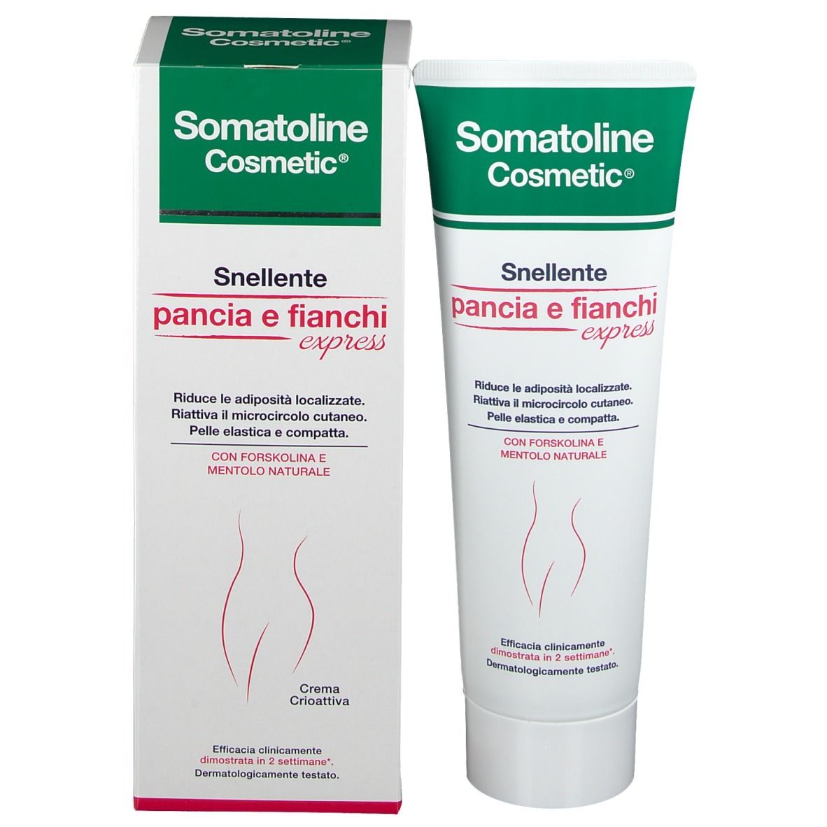 Confezione e tubo del prodotto. Scritta: Somatoline Cosmetic, Snelente pancia e fianchi express.