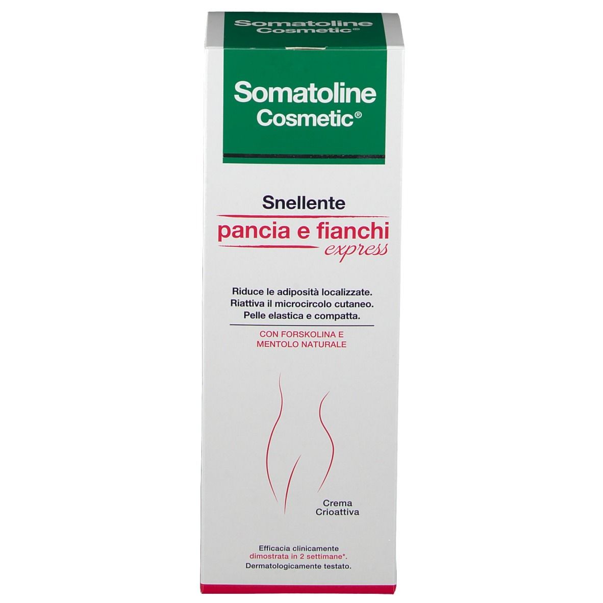Confezione del prodotto. Scritta: Somatoline Cosmetic, Snelente pancia e fianchi express.
