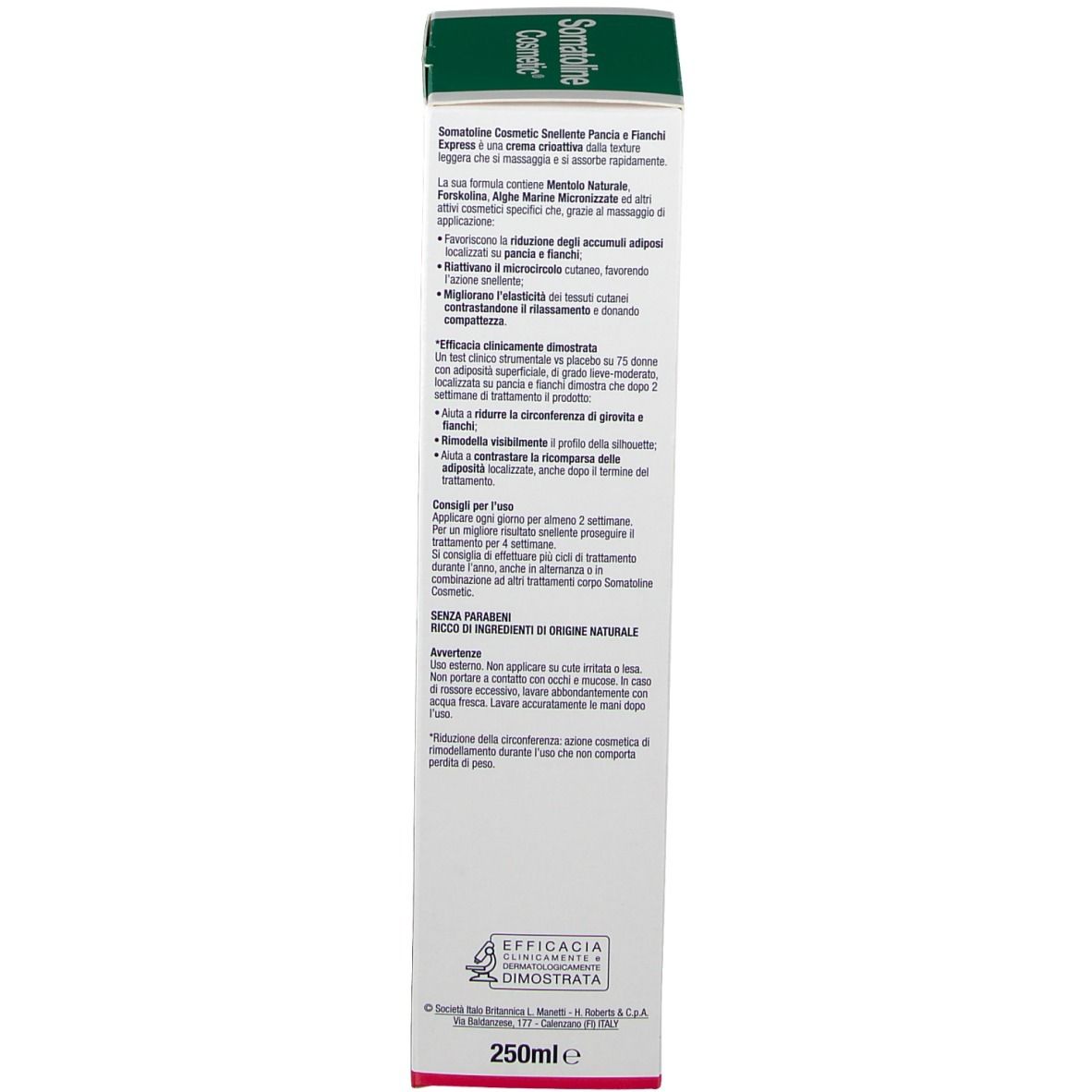 Confezione del prodotto. Testo in italiano. Scritta: Somatoline Cosmetic, 250ml.