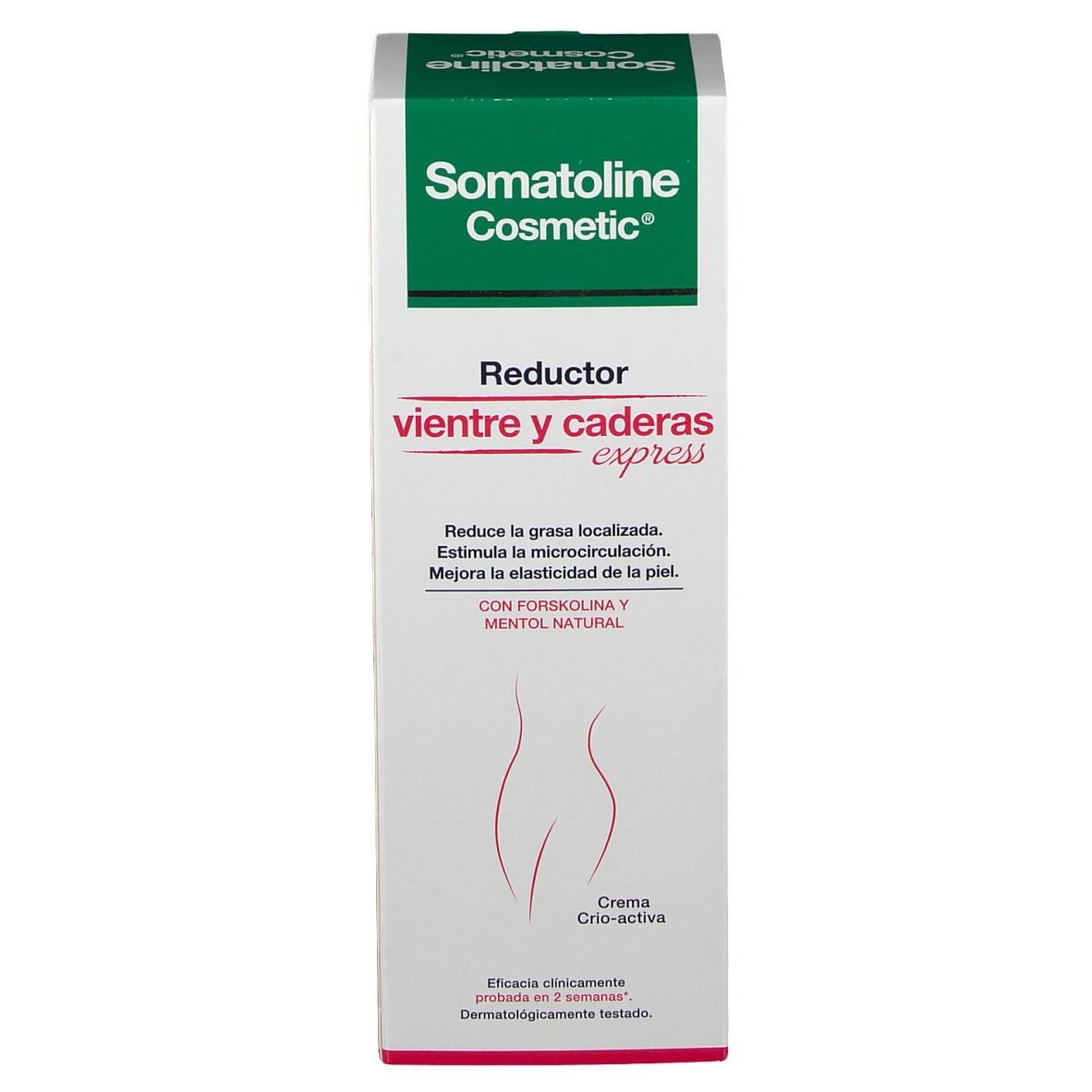 Confezione del prodotto. Scritta: Somatoline Cosmetic, Reductor vientre y caderas express.