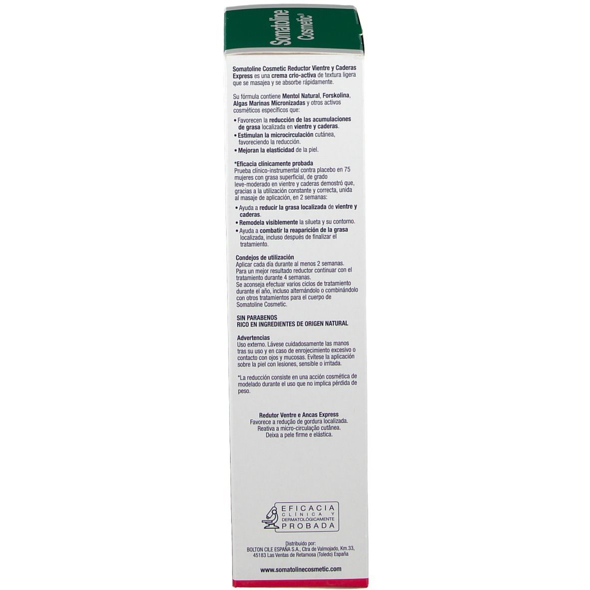Confezione del prodotto. Testo in spagnolo. Scritta: Somatoline Cosmetic, 250ml.