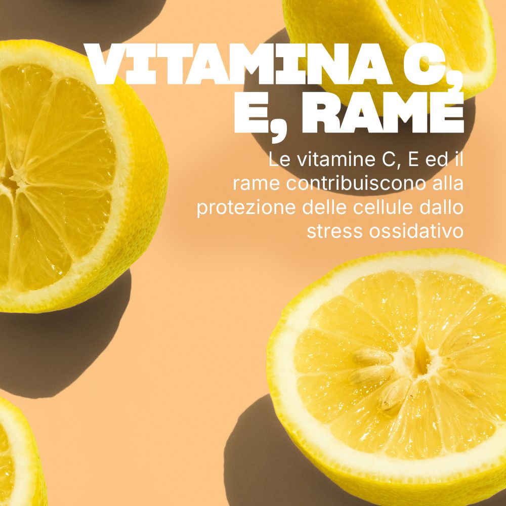 Limoni con testo su vitamina C, E e rame. Informazioni sulla protezione cellulare.