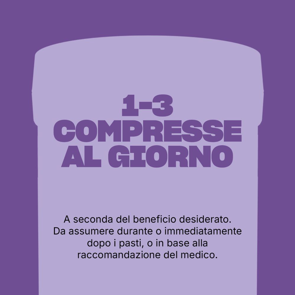 Testo con raccomandazioni di dosaggio: 1-3 compresse al giorno, a seconda delle necessità.