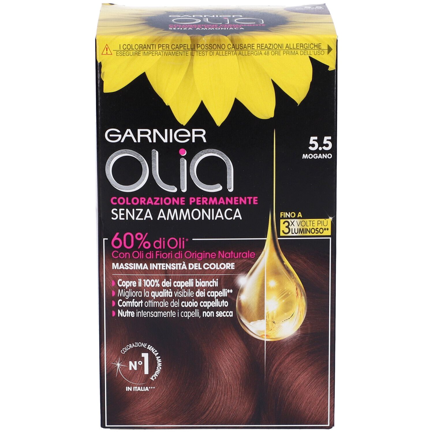 Garnier Tinta Capelli Olia, Colorazione permanente senza ammoniaca per una fragranza delicata, copre il 100% dei capelli bianchi, Con oli di fiori di origine naturale, Mogano (5.5)