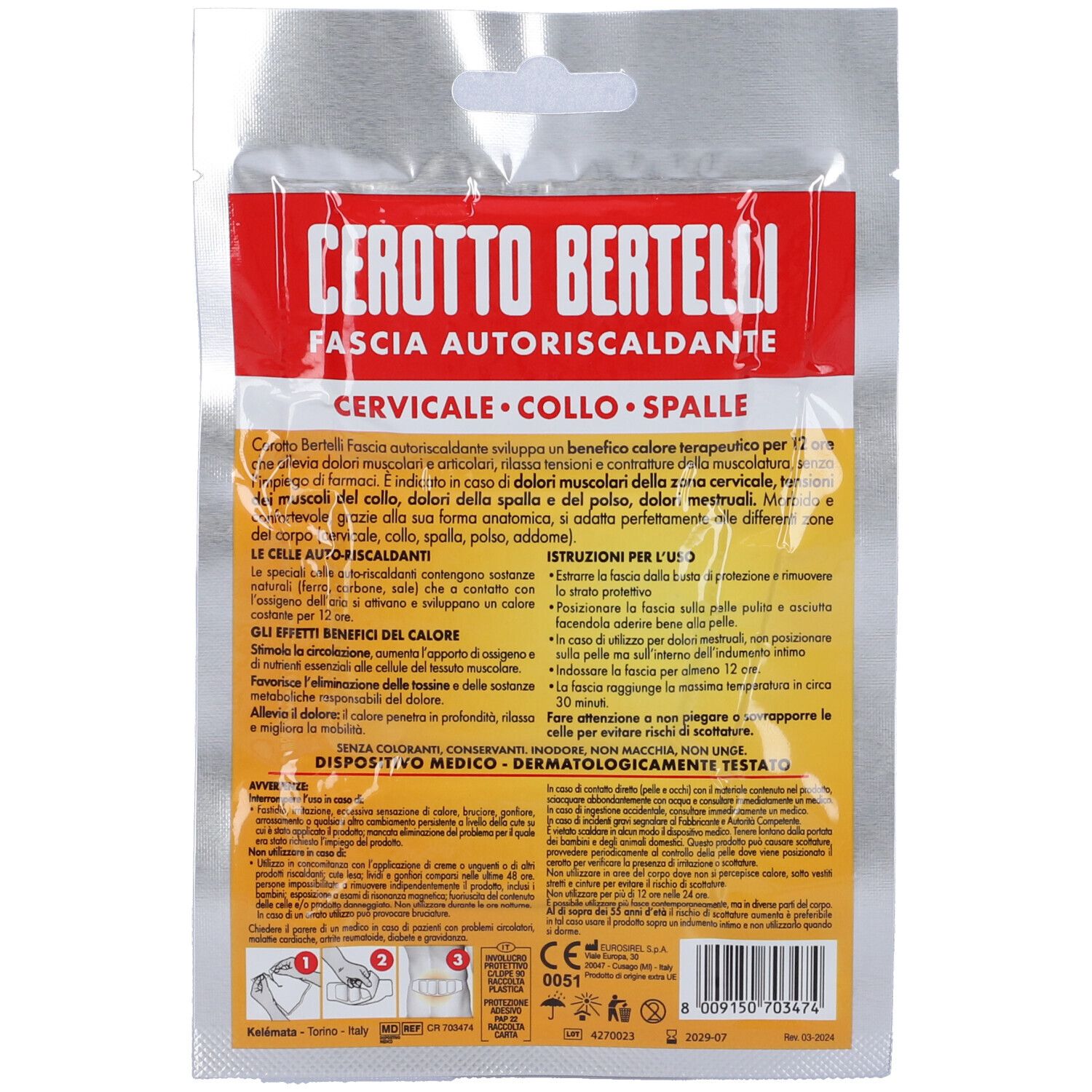Retro della confezione del prodotto. Testo in italiano, istruzioni e loghi. Dispositivo medico.