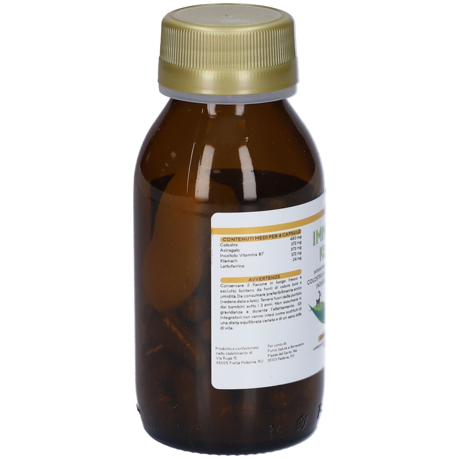 Flacone di vetro marrone, vista posteriore. Etichetta con ingredienti e avvertenze. Tappo dorato.