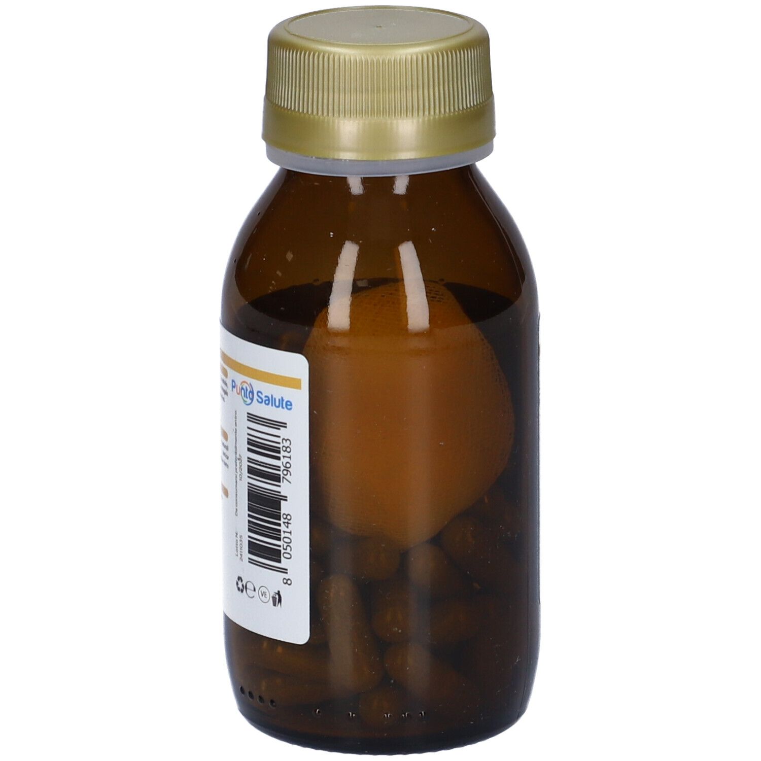 Flacone di vetro marrone con tappo dorato. Etichetta con codice a barre. Capsule visibili all'interno.