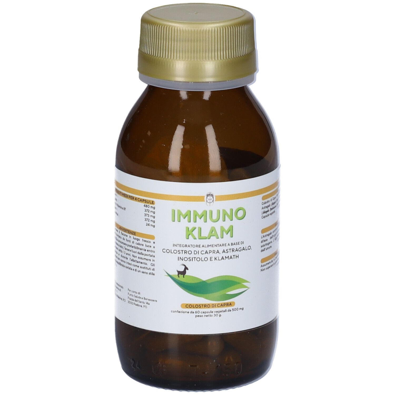 Flacone di vetro marrone con tappo dorato. Etichetta con nome del prodotto e ingredienti. Logo verde e bianco.