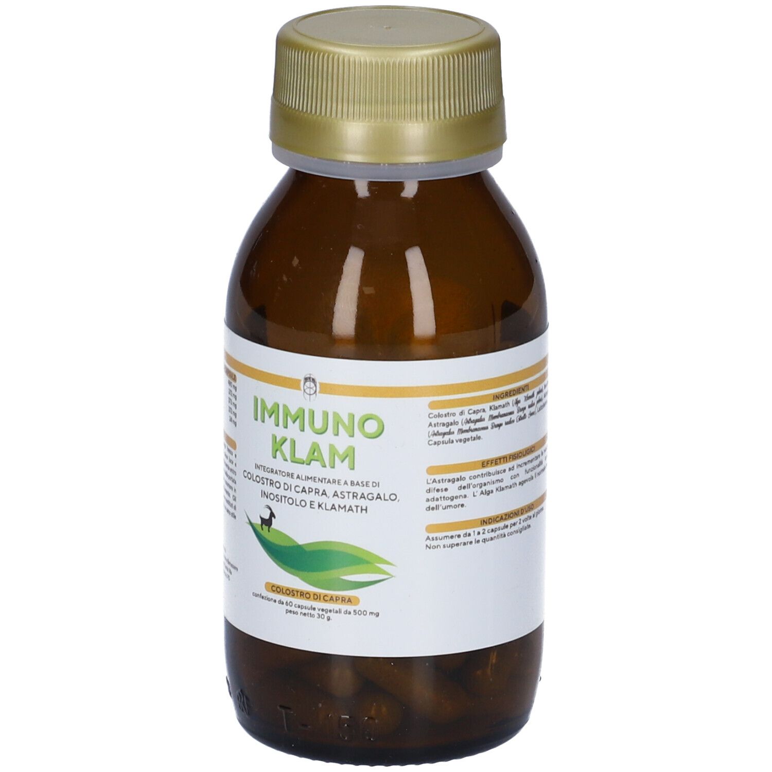 Flacone di vetro marrone con tappo dorato. Etichetta con nome del prodotto e ingredienti. Logo verde e bianco.