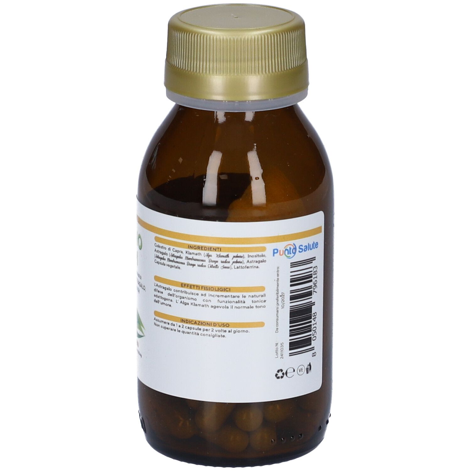 Flacone di vetro marrone, vista posteriore. Etichetta con ingredienti e avvertenze. Tappo dorato.