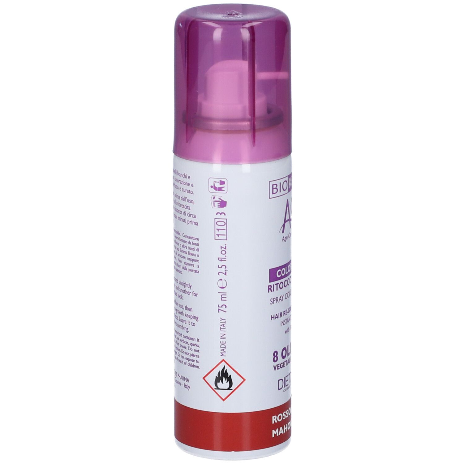 Retro flacone spray. Scritte: BIOKERATIN ACH8, COLOR PRODIGE. Avvertenza. Marchio: Dietalinea.